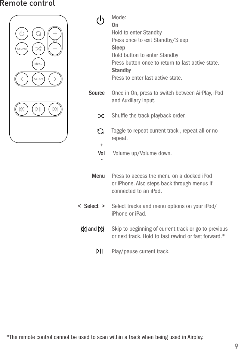 9Remote control Mode: On  Hold to enter Standby   Press once to exit Standby/Sleep  Sleep  Hold button to enter Standby   Press button once to return to last active state. Standby   Press to enter last active state.               Source  Once in On, press to switch between AirPlay, iPod and Auxiliary input. Shufﬂe the track playback order. Toggle to repeat current track , repeat all or no repeat.                           Vol             Menu  Press to access the menu on a docked iPod or iPhone. Also steps back through menus if connected to an iPod. <  Select  >  Select tracks and menu options on your iPod/iPhone or iPad.       and     Skip to beginning of current track or go to previous or next track. Hold to fast rewind or fast forward.*                 Play/pause current track.  Volume up/Volume down.+-*The remote control cannot be used to scan within a track when being used in Airplay.