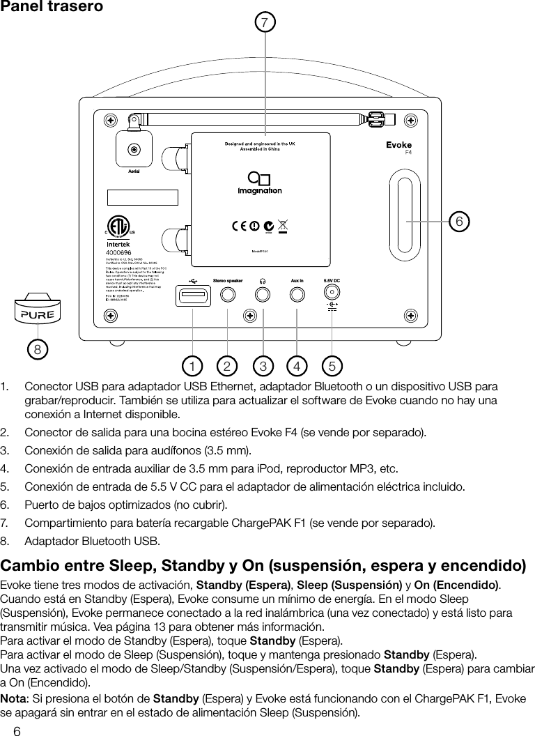 6Panel traseroCambio entre Sleep, Standby y On (suspensi&oacute;n, espera y encendido)Evoke tiene tres modos de activaci&oacute;n, Standby (Espera), Sleep (Suspensi&oacute;n) y On (Encendido). Cuando est&aacute; en Standby (Espera), Evoke consume un m&iacute;nimo de energ&iacute;a. En el modo Sleep (Suspensi&oacute;n), Evoke permanece conectado a la red inal&aacute;mbrica (una vez conectado) y est&aacute; listo para transmitir m&uacute;sica. Vea p&aacute;gina 13 para obtener m&aacute;s informaci&oacute;n.Para activar el modo de Standby (Espera), toque Standby (Espera).Para activar el modo de Sleep (Suspensi&oacute;n), toque y mantenga presionado Standby (Espera).Una vez activado el modo de Sleep/Standby (Suspensi&oacute;n/Espera), toque Standby (Espera) para cambiar a On (Encendido).Nota: Si presiona el bot&oacute;n de Standby (Espera) y Evoke est&aacute; funcionando con el ChargePAK F1, Evoke se apagar&aacute; sin entrar en el estado de alimentaci&oacute;n Sleep (Suspensi&oacute;n).1. Conector USB para adaptador USB Ethernet, adaptador Bluetooth o un dispositivo USB para grabar/reproducir. Tambi&eacute;n se utiliza para actualizar el software de Evoke cuando no hay una conexi&oacute;n a Internet disponible.2.  Conector de salida para una bocina est&eacute;reo Evoke F4 (se vende por separado).3.  Conexi&oacute;n de salida para aud&iacute;fonos (3.5 mm).4.  Conexi&oacute;n de entrada auxiliar de 3.5 mm para iPod, reproductor MP3, etc.5.  Conexi&oacute;n de entrada de 5.5 V CC para el adaptador de alimentaci&oacute;n el&eacute;ctrica incluido.6.  Puerto de bajos optimizados (no cubrir).7.  Compartimiento para bater&iacute;a recargable ChargePAK F1 (se vende por separado).8.  Adaptador Bluetooth USB.Aerial5.5V DCStereo speaker Aux in71 2 3 4 568