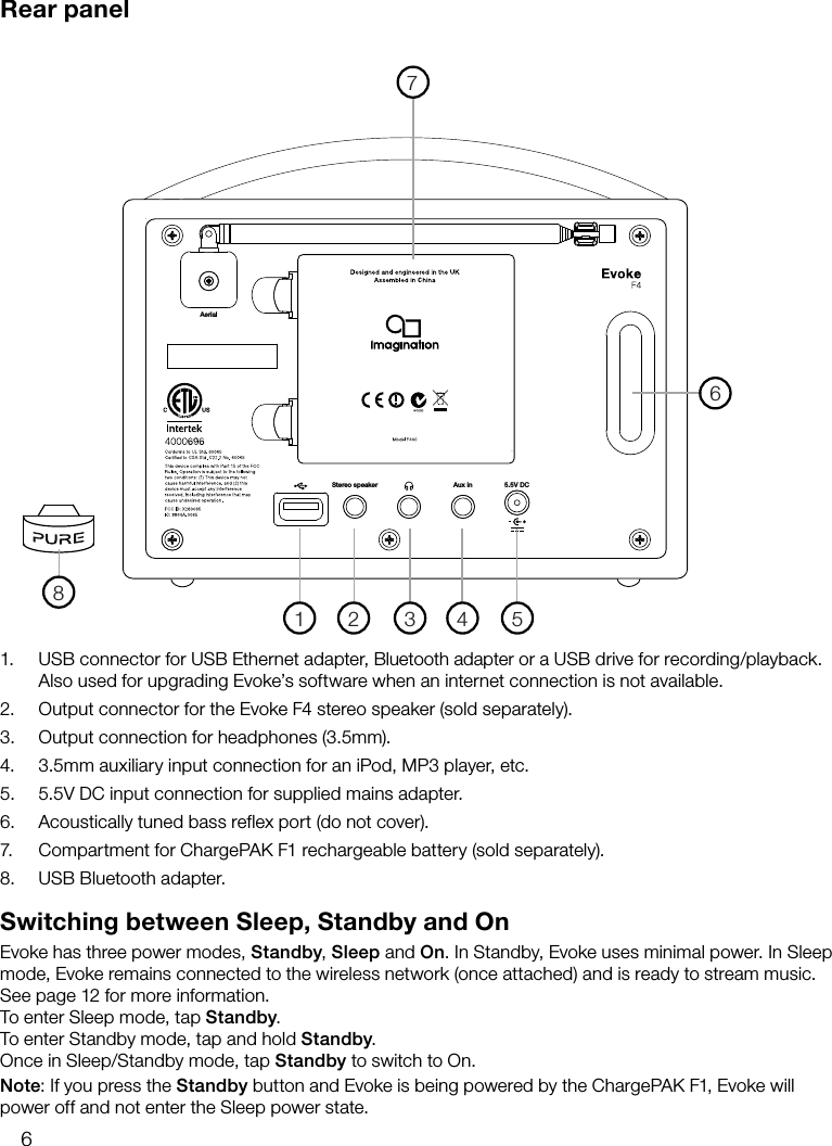 6Rear panelSwitching between Sleep, Standby and OnEvoke has three power modes, Standby, Sleep and On. In Standby, Evoke uses minimal power. In Sleep mode, Evoke remains connected to the wireless network (once attached) and is ready to stream music. See page 12 for more information.To enter Sleep mode, tap Standby.To enter Standby mode, tap and hold Standby.Once in Sleep/Standby mode, tap Standby to switch to On.Note: If you press the Standby button and Evoke is being powered by the ChargePAK F1, Evoke will power off and not enter the Sleep power state.1.  USB connector for USB Ethernet adapter, Bluetooth adapter or a USB drive for recording/playback. Also used for upgrading Evoke&rsquo;s software when an internet connection is not available.2.  Output connector for the Evoke F4 stereo speaker (sold separately).3.  Output connection for headphones (3.5mm).4.  3.5mm auxiliary input connection for an iPod, MP3 player, etc.5.  5.5V DC input connection for supplied mains adapter.6.  Acoustically tuned bass reflex port (do not cover).7.  Compartment for ChargePAK F1 rechargeable battery (sold separately).8.  USB Bluetooth adapter.Aerial5.5V DCStereo speaker Aux in71 2 3 4 568
