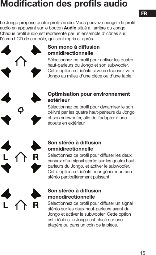 15FRUtilisation de l'entr&eacute;e auxiliaireLe Jongo propose quatre proﬁls audio. Vous pouvez changer de proﬁl audio en appuyant sur le bouton Audio situ&eacute; &agrave; l'arri&egrave;re du Jongo. Chaque proﬁl audio est repr&eacute;sent&eacute; par un ensemble d'ic&ocirc;nes sur l'&eacute;cran LCD de contr&ocirc;le, qui sont repris ci-apr&egrave;s.Son mono &agrave; diffusion omnidirectionnelleS&eacute;lectionnez ce proﬁl pour activer les quatre haut-parleurs du Jongo et son subwoofer. Cette option est id&eacute;ale si vous disposez votre Jongo au milieu d'une pi&egrave;ce ou d'une table.Optimisation pour environnement ext&eacute;rieurS&eacute;lectionnez ce proﬁl pour dynamiser le son d&eacute;livr&eacute; par les quatre haut-parleurs du Jongo et son subwoofer, aﬁn de l'adapter &agrave; une &eacute;coute en ext&eacute;rieur.Son st&eacute;r&eacute;o &agrave; diffusion omnidirectionnelleS&eacute;lectionnez ce proﬁl pour diffuser les deux canaux d'un signal st&eacute;r&eacute;o sur les quatre haut-parleurs du Jongo, et activer le subwoofer. Cette option est id&eacute;ale pour g&eacute;n&eacute;rer un son st&eacute;r&eacute;o particuli&egrave;rement puissant.Son st&eacute;r&eacute;o &agrave; diffusion monodirectionnelleS&eacute;lectionnez ce proﬁl pour diffuser un signal st&eacute;r&eacute;o sur les deux haut-parleurs avant du Jongo et activer le subwoofer. Cette option est id&eacute;ale si le Jongo est plac&eacute; sur une &eacute;tag&egrave;re ou dans un coin de la pi&egrave;ce.Modiﬁcation des proﬁls audio