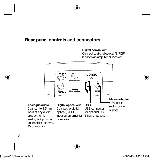 8Rear panel controls and connectorsLine out Digital optical outDigital coaxial outRL5.5V DCJongoA2Mains adapterConnect to mains power supplyUSBUSB connector for optional USB Ethernet adapterDigital coaxial out Connect to digital coaxial (S/PDIF) input on an ampliﬁer or receiverDigital optical out Connect to digital optical (S/PDIF) input on an ampliﬁer or receiverAnalogue audio Connect to 3.5mm input of any audio product, or to analogue inputs on an ampliﬁer, receiver, TV or monitorJongo-A2-V1-Amer.indb   8 4/9/2013   2:32:25 PM