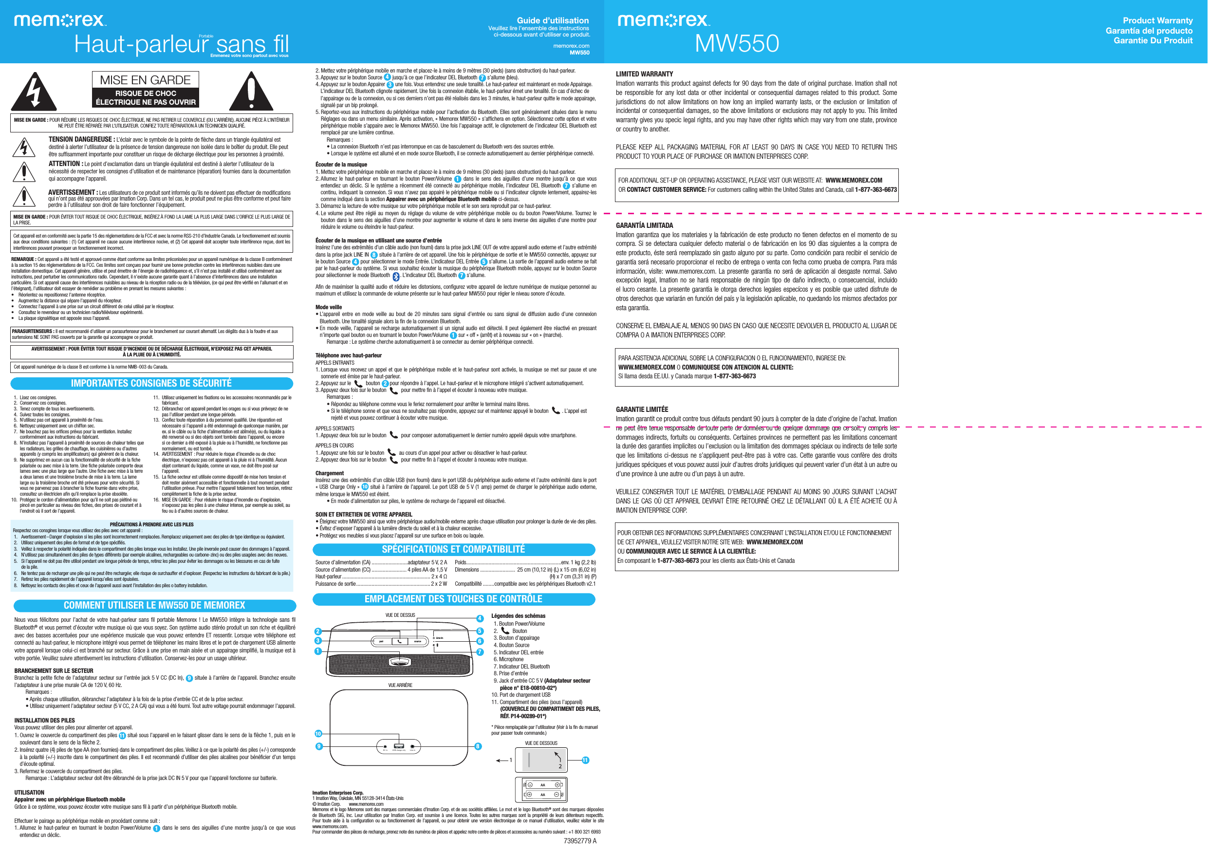 memorex.comMW550Guide d’utilisationVeuillez lire l’ensemble des instructions ci-dessous avant d’utiliser ce produit.MISE EN GARDERISQUE DE CHOC  ÉLECTRIQUE NE PAS OUVRIRMISE EN GARDE : POUR RÉDUIRE LES RISQUES DE CHOC ÉLECTRIQUE, NE PAS RETIRER LE COUVERCLE (OU L’ARRIÈRE). AUCUNE PIÈCE À L’INTÉRIEUR NE PEUT ÊTRE RÉPARÉE PAR L’UTILISATEUR. CONFIEZ TOUTE RÉPARATION À UN TECHNICIEN QUALIFIÉ.TENSION DANGEREUSE : L’éclair avec le symbole de la pointe de flèche dans un triangle équilatéral est destiné à alerter l’utilisateur de la présence de tension dangereuse non isolée dans le boîtier du produit. Elle peut être suffisamment importante pour constituer un risque de décharge électrique pour les personnes à proximité.ATTENTION : Le point d’exclamation dans un triangle équilatéral est destiné à alerter l’utilisateur de la nécessité de respecter les consignes d’utilisation et de maintenance (réparation) fournies dans la documentation qui accompagne l’appareil.AVERTISSEMENT : Les utilisateurs de ce produit sont informés qu’ils ne doivent pas effectuer de modifications qui n’ont pas été approuvées par Imation Corp. Dans un tel cas, le produit peut ne plus être conforme et peut faire perdre à l’utilisateur son droit de faire fonctionner l’équipement.MISE EN GARDE : POUR ÉVITER TOUT RISQUE DE CHOC ÉLECTRIQUE, INSÉREZ À FOND LA LAME LA PLUS LARGE DANS L’ORIFICE LE PLUS LARGE DE LA PRISE.Cet appareil est en conformité avec la partie 15 des réglementations de la FCC et avec la norme RSS-210 d’Industrie Canada. Le fonctionnement est soumis aux deux conditions suivantes : (1) Cet appareil ne cause aucune interférence nocive, et (2) Cet appareil doit accepter toute interférence reçue, dont les interférences pouvant provoquer un fonctionnement incorrect.REMARQUE : Cet appareil a été testé et approuvé comme étant conforme aux limites préconisées pour un appareil numérique de la classe B conformément à la section 15 des réglementations de la FCC. Ces limites sont conçues pour fournir une bonne protection contre les interférences nuisibles dans une installation domestique. Cet appareil génère, utilise et peut émettre de l’énergie de radiofréquence et, s’il n’est pas installé et utilisé conformément aux instructions, peut perturber les communications radio. Cependant, il n’existe aucune garantie quant à l’absence d’interférences dans une installation particulière. Si cet appareil cause des interférences nuisibles au niveau de la réception radio ou de la télévision, (ce qui peut être vérifié en l’allumant et en l’éteignant), l’utilisateur doit essayer de remédier au problème en prenant les mesures suivantes :• Réorientezourepositionnezl’antenneréceptrice.• Augmentezladistancequiséparel’appareildurécepteur.• Connectezl’appareilàuneprisesuruncircuitdifférentdeceluiutiliséparlerécepteur.• Consultezlerevendeurouuntechnicienradio/téléviseurexpérimenté.• Laplaquesignalétiqueestapposéesousl’appareil.  PARASURTENSEURS : Il est recommandé d’utiliser un parasurtenseur pour le branchement sur courant alternatif. Les dégâts dus à la foudre et aux surtensions NE SONT PAS couverts par la garantie qui accompagne ce produit.Cet appareil numérique de la classe B est conforme à la norme NMB-003 du Canada.AVERTISSEMENT : POUR ÉVITER TOUT RISQUE D’INCENDIE OU DE DÉCHARGE ÉLECTRIQUE, N’EXPOSEZ PAS CET APPAREIL À LA PLUIE OU À L’HUMIDITÉ.  1.  Lisez ces consignes.  2.  Conservez ces consignes.  3.  Tenez compte de tous les avertissements.  4.  Suivez toutes les consignes.  5.  N’utilisez pas cet appareil à proximité de l’eau.  6.  Nettoyez uniquement avec un chiffon sec.  7.  Ne bouchez pas les orifices prévus pour la ventilation. Installez conformément aux instructions du fabricant.  8.  N’installez pas l’appareil à proximité de sources de chaleur telles que les radiateurs, les grilles de chauffage, les cuisinières ou d’autres appareils (y compris les amplificateurs) qui génèrent de la chaleur.  9.  Ne supprimez en aucun cas la fonctionnalité de sécurité de la fiche polarisée ou avec mise à la terre. Une fiche polarisée comporte deux lames avec une plus large que l’autre. Une fiche avec mise à la terre a deux lames et une troisième broche de mise à la terre. La lame large ou la troisième broche ont été prévues pour votre sécurité. Si vous ne parvenez pas à brancher la fiche fournie dans votre prise, consultez un électricien afin qu’il remplace la prise obsolète.10.  Protégez le cordon d’alimentation pour qu’il ne soit pas piétiné ou pincé en particulier au niveau des fiches, des prises de courant et à l’endroit où il sort de l’appareil.11.  Utilisez uniquement les fixations ou les accessoires recommandés par le fabricant.12.  Débranchez cet appareil pendant les orages ou si vous prévoyez de ne pas l’utiliser pendant une longue période.13.  Confiez toute réparation à du personnel qualifié. Une réparation est nécessaire si l’appareil a été endommagé de quelconque manière, par ex. si le câble ou la fiche d’alimentation est abîmé(e), ou du liquide a été renversé ou si des objets sont tombés dans l’appareil, ou encore si ce dernier a été exposé à la pluie ou à l’humidité, ne fonctionne pas normalement, ou est tombé.14.  AVERTISSEMENT : Pour réduire le risque d’incendie ou de choc électrique, n’exposez pas cet appareil à la pluie ni à l’humidité. Aucun objet contenant du liquide, comme un vase, ne doit être posé sur l’appareil.15.  La fiche secteur est utilisée comme dispositif de mise hors tension et doit rester aisément accessible et fonctionnelle à tout moment pendant l’utilisation prévue. Pour mettre l’appareil totalement hors tension, retirez complètement la fiche de la prise secteur.16.  MISE EN GARDE : Pour réduire le risque d’incendie ou d’explosion, n’exposez pas les piles à une chaleur intense, par exemple au soleil, au feu ou à d’autres sources de chaleur.PRÉCAUTIONS À PRENDRE AVEC LES PILESRespectez ces consgines lorsque vous utilisez des piles avec cet appareil :1.   Avertissement – Danger d’explosion si les piles sont incorrectement remplacées. Remplacez uniquement avec des piles de type identique ou équivalent.2.   Utilisez uniquement des piles de format et de type spécifiés.3.  Veillez à respecter la polarité indiquée dans le compartiment des piles lorsque vous les installez. Une pile inversée peut causer des dommages à l’appareil.4.   N’utilisez pas simultanément des piles de types différents (par exemple alcalines, rechargeables ou carbone-zinc) ou des piles usagées avec des neuves.5.   Si l’appareil ne doit pas être utilisé pendant une longue période de temps, retirez les piles pour éviter les dommages ou les blessures en cas de fuite  de la pile.6.   Ne tentez pas de recharger une pile qui ne peut être rechargée; elle risque de surchauffer et d’exploser. (Respectez les instructions du fabricant de la pile.)7.   Retirez les piles rapidement de l’appareil lorsqu’elles sont épuisées.8.   Nettoyez les contacts des piles et ceux de l’appareil aussi avant l’installation des piles o battery installation.IMPORTANTES CONSIGNES DE SÉCURITÉLIMITED WARRANTYImation warrants this product against defects for 90 days from the date of original purchase. Imation shall not be responsible for any lost data or other incidental or consequential damages related to this product. Some jurisdictions do not allow limitations on how long an implied warranty lasts, or the exclusion or limitation of incidental or consequential damages, so the above limitations or exclusions may not apply to you. This limited warranty gives you specic legal rights, and you may have other rights which may vary from one state, province or country to another.PLEASE KEEP ALL PACKAGING MATERIAL FOR AT LEAST 90 DAYS IN CASE YOU NEED TO RETURN THIS PRODUCT TO YOUR PLACE OF PURCHASE OR IMATION ENTERPRISES CORP.GARANTÍA LIMITADAImation garantiza que los materiales y la fabricación de este producto no tienen defectos en el momento de su compra. Si se detectara cualquier defecto material o de fabricación en los 90 días siguientes a la compra de este producto, éste será reemplazado sin gasto alguno por su parte. Como condición para recibir el servicio de garantía será necesario proporcionar el recibo de entrega o venta con fecha como prueba de compra. Para más información, visite: www.memorex.com. La presente garantía no será de aplicación al desgaste normal. Salvo excepción legal, Imation no se hará responsable de ningún tipo de daño indirecto, o consecuencial, incluido  el lucro cesante. La presente garantía le otorga derechos legales especícos y es posible que usted disfrute de otros derechos que variarán en función del país y la legislación aplicable, no quedando los mismos afectados por esta garantía.CONSERVE EL EMBALAJE AL MENOS 90 DIAS EN CASO QUE NECESITE DEVOLVER EL PRODUCTO AL LUGAR DE COMPRA O A IMATION ENTERPRISES CORP.GARANTIE LIMITÉEImation garantit ce produit contre tous défauts pendant 90 jours à compter de la date d’origine de l’achat. Imation ne peut être tenue responsable de toute perte de données ou de quelque dommage que ce soit, y compris les dommages indirects, fortuits ou conséquents. Certaines provinces ne permettent pas les limitations concernant la durée des garanties implicites ou l’exclusion ou la limitation des dommages spéciaux ou indirects de telle sorte que les limitations ci-dessus ne s’appliquent peut-être pas à votre cas. Cette garantie vous confère des droits juridiques spéciques et vous pouvez aussi jouir d’autres droits juridiques qui peuvent varier d’un état à un autre ou d’une province à une autre ou d’un pays à un autre.VEUILLEZ CONSERVER TOUT LE MATÉRIEL D’EMBALLAGE PENDANT AU MOINS 90 JOURS SUIVANT L’ACHAT DANS LE CAS OÙ CET APPAREIL DEVRAIT ÊTRE RETOURNÉ CHEZ LE DÉTAILLANT OÙ IL A ÉTÉ ACHETÉ OU À IMATION ENTERPRISE CORP.FOR ADDITIONAL SET-UP OR OPERATING ASSISTANCE, PLEASE VISIT OUR WEBSITE AT:  WWW.MEMOREX.COM OR CONTACT CUSTOMER SERVICE: For customers calling within the United States and Canada, call 1-877-363-6673PARA ASISTENCIA ADICIONAL SOBRE LA CONFIGURACION O EL FUNCIONAMIENTO, INGRESE EN:   WWW.MEMOREX.COM O COMUNIQUESE CON ATENCION AL CLIENTE:Si llama desda EE.UU. y Canada marque 1-877-363-6673POUROBTENIRDESINFORMATIONSSUPPLÉMENTAIRESCONCERNANTL’INSTALLATIONET/OULEFONCTIONNEMENTDE CET APPAREIL, VEULLEZ VISITER NOTRE SITE WEB:  WWW.MEMOREX.COMOU COMMUNIQUER AVEC LE SERVICE À LA CLIENTÈLE:  En composant le 1-877-363-6673 pour les clients aux États-Unis et CanadaProduct WarrantyGarantía del productoGarantie Du ProduitMW5502. Mettez votre périphérique mobile en marche et placez-le à moins de 9 mètres (30 pieds) (sans obstruction) du haut-parleur.3. Appuyez sur le bouton Source  4 jusqu’à ce que l’indicateur DEL Bluetooth  7 s’allume (bleu).4.  Appuyez sur le bouton Appairer  3 une fois. Vous entendrez une seule tonalité. Le haut-parleur est maintenant en mode Appairage. L’indicateur DEL Bluetooth clignote rapidement. Une fois la connexion établie, le haut-parleur émet une tonalité. En cas d’échec de l’appairage ou de la connexion, ou si ces derniers n’ont pas été réalisés dans les 3 minutes, le haut-parleur quitte le mode appairage, signalé par un bip prolongé.5.  Reportez-vous aux instructions du périphérique mobile pour l’activation du Bluetooth. Elles sont généralement situées dans le menu Réglages ou dans un menu similaire. Après activation, « Memorex MW550 » s’affichera en option. Sélectionnez cette option et votre périphérique mobile s’appaire avec le Memorex MW550. Une fois l’appairage actif, le clignotement de l’indicateur DEL Bluetooth est remplacé par une lumière continue.  Remarques : •LaconnexionBluetoothn’estpasinterrompueencasdebasculementduBluetoothversdessourcesentrée. •LorsquelesystèmeestalluméetenmodesourceBluetooth,ilseconnecteautomatiquementaudernierpériphériqueconnecté.Écouter de la musique1. Mettez votre périphérique mobile en marche et placez-le à moins de 9 mètres (30 pieds) (sans obstruction) du haut-parleur.2.Allumez lehaut-parleur entournant lebouton Power/Volume 1 dans le sens des aiguilles d’une montre jusqu’à ce que vous entendiez un déclic. Si le système a récemment été connecté au périphérique mobile, l’indicateur DEL Bluetooth  7 s’allume en continu, indiquant la connexion. Si vous n’avez pas appairé le périphérique mobile ou si l’indicateur clignote lentement, appairez-les comme indiqué dans la section Appairer avec un périphérique Bluetooth mobile ci-dessus.3. Démarrez la lecture de votre musique sur votre périphérique mobile et le son sera reproduit par ce haut-parleur.4.Levolume peutêtrerégléaumoyenduréglage duvolumede votrepériphériquemobileouduboutonPower/Volume.Tournezlebouton dans le sens des aiguilles d’une montre pour augmenter le volume et dans le sens inverse des aiguilles d’une montre pour réduire le volume ou éteindre le haut-parleur.Écouter de la musique en utilisant une source d’entréeInsérez l’une des extrémités d’un câble audio (non fourni) dans la prise jack LINE OUT de votre appareil audio externe et l’autre extrémité dans la prise jack LINE IN  8 située à l’arrière de cet appareil. Une fois le périphérique de sortie et le MW550 connectés, appuyez sur le bouton Source  4    pour sélectionner le mode Entrée. L’indicateur DEL Entrée  5 s’allume. La sortie de l’appareil audio externe se fait par le haut-parleur du système. Si vous souhaitez écouter la musique du périphérique Bluetooth mobile, appuyez sur le bouton Source pour sélectionner le mode Bluetooth  . L’indicateur DEL Bluetooth  7 s’allume.Afin de maximiser la qualité audio et réduire les distorsions, configurez votre appareil de lecture numérique de musique personnel au maximum et utilisez la commande de volume présente sur le haut-parleur MW550 pour régler le niveau sonore d’écoute.Mode veille•L’appareil entreen modeveille aubout de20 minutessans signald’entrée ousans signalde diffusionaudio d’uneconnexionBluetooth. Une tonalité signale alors la fin de la connexion Bluetooth.•Enmodeveille,l’appareilserechargeautomatiquementsiunsignalaudioestdétecté.Ilpeutégalementêtreréactivéenpressantn’importequelboutonouentournantleboutonPower/Volume 1 sur « off » (arrêt) et à nouveau sur « on » (marche).  Remarque : Le système cherche automatiquement à se connecter au dernier périphérique connecté.Téléphone avec haut-parleurAPPELS ENTRANTS1.  Lorsque vous recevez un appel et que le périphérique mobile et le haut-parleur sont activés, la musique se met sur pause et une sonnerie est émise par le haut-parleur.2. Appuyez sur le   bouton       pour répondre à l’appel. Le haut-parleur et le microphone intégré s’activent automatiquement.3. Appuyez deux fois sur le bouton   pour mettre fin à l’appel et écouter à nouveau votre musique.  Remarques : •Répondezautéléphonecommevousleferieznormalementpourarrêterleterminalmainslibres. •Siletéléphonesonneetquevousnesouhaitezpasrépondre,appuyezsuretmaintenezappuyélebouton . L’appel est rejeté et vous pouvez continuer à écouter votre musique.APPELS SORTANTS1. Appuyez deux fois sur le bouton   pour composer automatiquement le dernier numéro appelé depuis votre smartphone.APPELS EN COURS1. Appuyez une fois sur le bouton   au cours d’un appel pour activer ou désactiver le haut-parleur.2. Appuyez deux fois sur le bouton   pour mettre fin à l’appel et écouter à nouveau votre musique.ChargementInsérez une des extrémités d’un câble USB (non fourni) dans le port USB du périphérique audio externe et l’autre extrémité dans le port «USB Charge Only »  10  situé à l’arrière de l’appareil. Le port USB de 5 V (1 amp) permet de charger le périphérique audio externe, même lorsque le MW550 est éteint. •Enmoded’alimentationsurpiles,lesystèmederechargedel’appareilestdésactivé.SOIN ET ENTRETIEN DE VOTRE APPAREIL• ÉteignezvotreMW550ainsiquevotrepériphériqueaudio/mobileexterneaprèschaqueutilisationpourprolongerladuréedeviedespiles.•Évitezd’exposerl’appareilàlalumièredirectedusoleiletàlachaleurexcessive.•Protégezvosmeublessivousplacezl’appareilsurunesurfaceenboisoulaquée.Imation Enterprises Corp.1 Imation Way, Oakdale, MN 55128-3414 États-Unis© Imation Corp.  www.memorex.comMemorex et le logo Memorex sont des marques commerciales d’Imation Corp. et de ses sociétés affiliées. Le mot et le logo Bluetooth® sont des marques déposées de Bluetooth SIG, Inc. Leur utilisation par Imation Corp. est soumise à une licence. Toutes les autres marques sont la propriété de leurs détenteurs respectifs. Pour toute aide à la configuration ou au fonctionnement de l’appareil, ou pour obtenir une version électronique de ce manuel d’utilisation, veuillez visiter le site  www.memorex.com.Pour commander des pièces de rechange, prenez note des numéros de pièces et appelez notre centre de pièces et accessoires au numéro suivant : +1 800 321 69932Nous vous félicitons pour l’achat de votre haut-parleur sans fil portable Memorex ! Le MW550 intègre la technologie sans fil Bluetooth® et vous permet d’écouter votre musique où que vous soyez. Son système audio stéréo produit un son riche et équilibré avec des basses accentuées pour une expérience musicale que vous pouvez entendre ET ressentir. Lorsque votre téléphone est connecté au haut-parleur, le microphone intégré vous permet de téléphoner les mains libres et le port de chargement USB alimente votre appareil lorsque celui-ci est branché sur secteur. Grâce à une prise en main aisée et un appairage simplifié, la musique est à votre portée. Veuillez suivre attentivement les instructions d’utilisation. Conservez-les pour un usage ultérieur.BRANCHEMENT SUR LE SECTEURBranchez la petite fiche de l’adaptateur secteur sur l’entrée jack 5 V CC (DC In),  9 située à l’arrière de l’appareil. Branchez ensuite l’adaptateur à une prise murale CA de 120 V, 60 Hz.  Remarques : •Aprèschaqueutilisation,débranchezl’adaptateuràlafoisdelaprised’entréeCCetdelaprisesecteur. •Utilisezuniquementl’adaptateursecteur(5VCC,2ACA)quivousaétéfourni.Toutautrevoltagepourraitendommagerl’appareil.INSTALLATION DES PILESVous pouvez utiliser des piles pour alimenter cet appareil.1.  Ouvrez le couvercle du compartiment des piles  11  situé sous l’appareil en le faisant glisser dans le sens de la flèche 1, puis en le soulevant dans le sens de la flèche 2.2.Insérezquatre(4)pilesdetypeAA(nonfournies)danslecompartimentdespiles.Veillezàcequelapolaritédespiles(+/-)correspondeàlapolarité(+/-)inscritedanslecompartimentdespiles.Ilestrecommandéd’utiliserdespilesalcalinespourbénéficierd’untempsd’écoute optimal.3. Refermez le couvercle du compartiment des piles.  Remarque : L’adaptateur secteur doit être débranché de la prise jack DC IN 5 V pour que l’appareil fonctionne sur batterie.UTILISATIONAppairer avec un périphérique Bluetooth mobileGrâce à ce système, vous pouvez écouter votre musique sans fil à partir d’un périphérique Bluetooth mobile.Effectuer le pairage au périphérique mobile en procédant comme suit :1.Allumez lehaut-parleur entournant lebouton Power/Volume 1 dans le sens des aiguilles d’une montre jusqu’à ce que vous entendiez un déclic.COMMENT UTILISER LE MW550 DE MEMOREXAAAA12VUE DE DESSOUSVUE DE DESSUSVUE ARRIÈRELégendes des schémas 1.BoutonPower/Volume 2.   Bouton  3. Bouton d’appairage  4. Bouton Source  5. Indicateur DEL entrée  6. Microphone  7. Indicateur DEL Bluetooth  8. Prise d’entrée  9.  Jack d’entrée CC 5 V (Adaptateur secteur pièce n° E18-00810-02*) 10. Port de chargement USB 11.   Compartiment des piles (sous l’appareil) (COUVERCLE DU COMPARTIMENT DES PILES, RÉF. P14-00289-01*)* Pièce remplaçable par l’utilisateur (Voir à la fin du manuel pour passer toute commande.)EMPLACEMENT DES TOUCHES DE CONTRÔLESPÉCIFICATIONS ET COMPATIBILITÉSource d’alimentation (CA) ..........................adaptateur 5 V, 2 ASource d’alimentation (CC) ......................... 4 piles AA de 1,5 VHaut-parleur ............................................................... 2 x 4 ΩPuissance de sortie .....................................................2 x 2 WPoids....................................................................env. 1 kg (2,2 lb)Dimensions ......................... 25 cm (10,12 in) (L) x 15 cm (6,02 in)(H) x 7 cm (3,31 in) (P)Compatibilité ........compatible avec les périphériques Bluetooth v2.1pair sourceLine-inUSB charge onlyDC in Line-in764519 82310Haut-parleur sans filPortableEmmenez votre sono partout avec vous1173952779 A