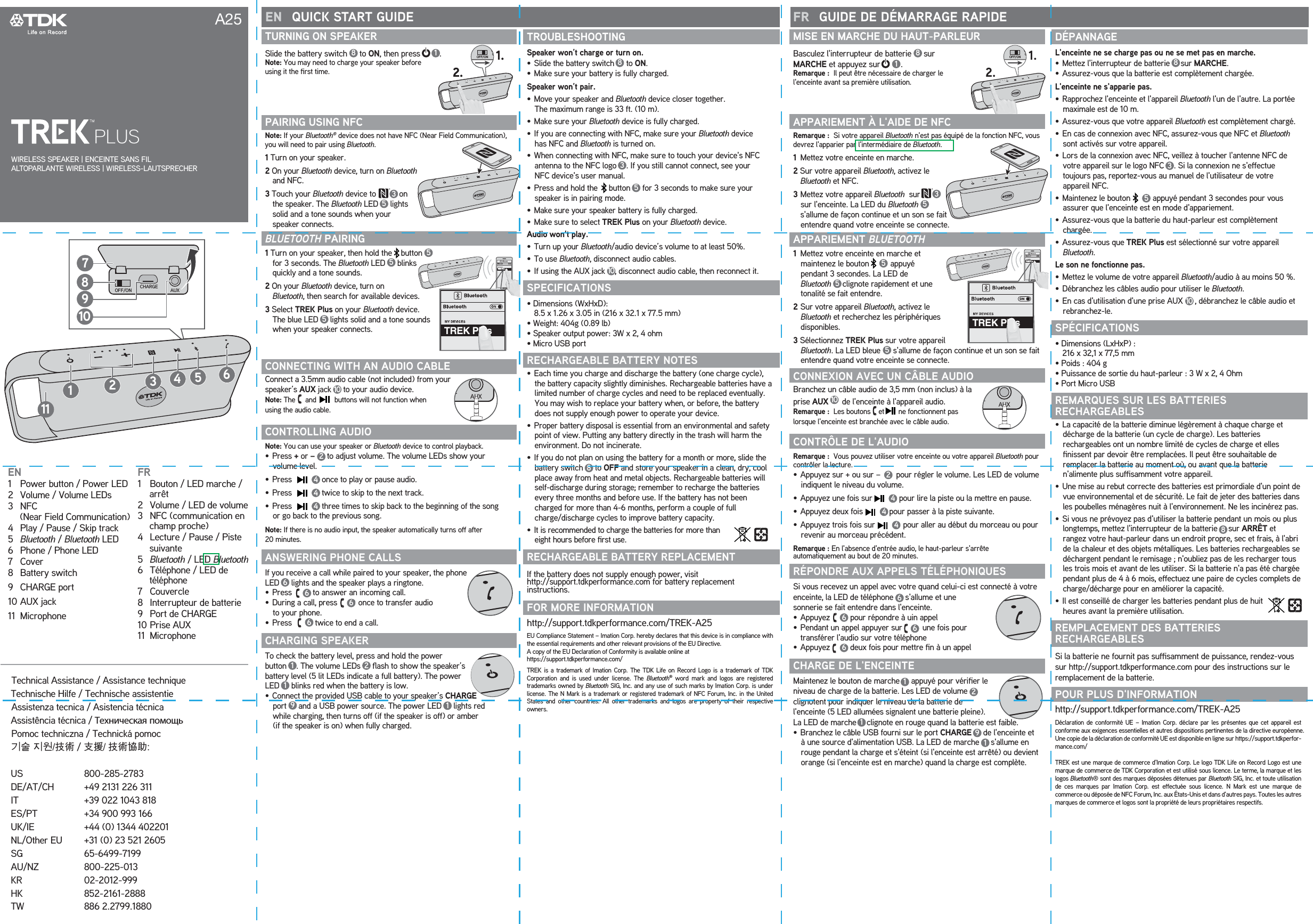                  EN     FR    QUICK START GUIDE GUIDE DE DÉMARRAGE RAPIDEA25 TREK PlusTREK PlusTURNING ON SPEAKERSlide the battery switch  to ON, then press     .Note: You may need to charge your speaker before using it the rst time.PAIRING USING NFCNote: If your Bluetooth® device does not have NFC (Near Field Communication), you will need to pair using Bluetooth.1 Turn on your speaker.2 On your Bluetooth device, turn on Bluetooth and NFC.3 Touch your Bluetooth device to       on the speaker. The Bluetooth LED  lights solid and a tone sounds when your speaker connects.BLUETOOTH PAIRING1 Turn on your speaker, then hold the    button  for 3 seconds. The Bluetooth LED  blinks quickly and a tone sounds.2 On your Bluetooth device, turn on Bluetooth, then search for available devices.3 Select TREK Plus on your Bluetooth device. The blue LED  lights solid and a tone sounds when your speaker connects.CONNECTING WITH AN AUDIO CABLEConnect a 3.5mm audio cable (not included) from your speaker’s AUX jack  to your audio device. Note: The     and         buttons will not function when using the audio cable.CONTROLLING AUDIONote: You can use your speaker or Bluetooth device to control playback.• Press + or –  to adjust volume. The volume LEDs show your volume level.• Press          once to play or pause audio.• Press          twice to skip to the next track.• Press          three times to skip back to the beginning of the song or go back to the previous song.Note: If there is no audio input, the speaker automatically turns o after 20 minutes. ANSWERING PHONE CALLSIf you receive a call while paired to your speaker, the phone LED  lights and the speaker plays a ringtone.• Press      to answer an incoming call.• During a call, press      once to transfer audio to your phone.• Press       twice to end a call.CHARGING SPEAKERTo check the battery level, press and hold the power button . The volume LEDs  ash to show the speaker’s battery level (5 lit LEDs indicate a full battery). The power LED  blinks red when the battery is low.• Connect the provided USB cable to your speaker’s CHARGE  port  and a USB power source. The power LED  lights red while charging, then turns o (if the speaker is o) or amber (if the speaker is on) when fully charged.TROUBLESHOOTINGSpeaker won’t charge or turn on.• Slide the battery switch  to ON.• Make sure your battery is fully charged. Speaker won’t pair.• Move your speaker and Bluetooth device closer together. The maximum range is 33 ft. (10 m).• Make sure your Bluetooth device is fully charged.• If you are connecting with NFC, make sure your Bluetooth device has NFC and Bluetooth is turned on.• When connecting with NFC, make sure to touch your device&apos;s NFC antenna to the NFC logo . If you still cannot connect, see your NFC device&apos;s user manual.• Press and hold the     button  for 3 seconds to make sure your speaker is in pairing mode.• Make sure your speaker battery is fully charged.• Make sure to select TREK Plus on your Bluetooth device.Audio won’t play.• Turn up your Bluetooth/audio device’s volume to at least 50%.• To use Bluetooth, disconnect audio cables.• If using the AUX jack , disconnect audio cable, then reconnect it. SPECIFICATIONS• Dimensions (WxHxD):   8.5 x 1.26 x 3.05 in (216 x 32.1 x 77.5 mm)                           • Weight: 404g (0.89 lb)                                • Speaker output power: 3W x 2, 4 ohm• Micro USB portRECHARGEABLE BATTERY NOTES •  Each time you charge and discharge the battery (one charge cycle), the battery capacity slightly diminishes. Rechargeable batteries have a limited number of charge cycles and need to be replaced eventually. You may wish to replace your battery when, or before, the battery does not supply enough power to operate your device. •  Proper battery disposal is essential from an environmental and safety point of view. Putting any battery directly in the trash will harm the environment. Do not incinerate.•  If you do not plan on using the battery for a month or more, slide the battery switch  to OFF and store your speaker in a clean, dry, cool place away from heat and metal objects. Rechargeable batteries will self-discharge during storage; remember to recharge the batteries every three months and before use. If the battery has not been charged for more than 4-6 months, perform a couple of full charge/discharge cycles to improve battery capacity.•  It is recommended to charge the batteries for more than eight hours before rst use.RECHARGEABLE BATTERY REPLACEMENT If the battery does not supply enough power, visit http://support.tdkperformance.com for battery replacement instructions.FOR MORE INFORMATIONhttp://support.tdkperformance.com/TREK-A25EU Compliance Statement – Imation Corp. hereby declares that this device is in compliance with the essential requirements and other relevant provisions of the EU Directive. A copy of the EU Declaration of Conformity is available online at https://support.tdkperformance.com/TREK is a trademark of Imation Corp. The TDK Life on Record Logo is a trademark of TDK Corporation and is used under license. The Bluetooth® word mark and logos are registered trademarks owned by Bluetooth SIG, Inc. and any use of such marks by Imation Corp. is under license. The N Mark is a trademark or registered trademark of NFC Forum, Inc. in the United States and other countries. All other trademarks and logos are property of their respective owners.OFF/ON CHARGE   AUX24446666PLUSWIRELESS SPEAKER | ENCEINTE SANS FILALTOPARLANTE WIRELESS | WIRELESS-LAUTSPRECHEREN1   Power button / Power LED2   Volume / Volume LEDs3   NFC  (Near Field Communication)4   Play / Pause / Skip track5   Bluetooth / Bluetooth LED6   Phone / Phone LED7   Cover8   Battery switch9   CHARGE port10  AUX jack11  MicrophoneFR1   Bouton / LED marche / arrêt2   Volume / LED de volume 3   NFC (communication en champ proche)4  Lecture / Pause / Piste suivante5   Bluetooth / LED Bluetooth6   Téléphone / LED de téléphone7   Couvercle8   Interrupteur de batterie9   Port de CHARGE10  Prise AUX11  MicrophoneOFF/ON CHARGE   AUX132458711910688335558551010192111Technical Assistance / Assistance technique  Technische Hilfe / Technische assistentie Assistenza tecnica / Asistencia técnica  Assistência técnica / Техническая помощь  Pomoc techniczna / Technická pomoc 기술 지원/技術 / 支援/ 技術協助:US 800-285-2783 DE/AT/CH  +49 2131 226 311IT  +39 022 1043 818ES/PT  +34 900 993 166UK/IE  +44 (0) 1344 402201NL/Other EU  +31 (0) 23 521 2605SG 65-6499-7199AU/NZ 800-225-013KR 02-2012-999HK 852-2161-2888 TW  886 2.2799.1880OFF/ON CHARGE   AUX1.2.OFF/ON CHARGE   AUX1.2.             TREK PlusTREK PlusMISE EN MARCHE DU HAUT-PARLEURBasculez l&apos;interrupteur de batterie       sur MARCHE et appuyez sur          .Remarque :  Il peut être nécessaire de charger le l&apos;enceinte avant sa première utilisation.APPARIEMENT À L&apos;AIDE DE NFC Remarque :  Si votre appareil Bluetooth n&apos;est pas équipé de la fonction NFC, vous devrez l&apos;apparier par l&apos;intermédiaire de Bluetooth.1  Mettez votre enceinte en marche.2 Sur votre appareil Bluetooth, activez le  Bluetooth et NFC.3  Mettez votre appareil Bluetooth  sur                                                  sur l&apos;enceinte. La LED du Bluetooth                                    s&apos;allume de façon continue et un son se fait entendre quand votre enceinte se connecte.APPARIEMENT BLUETOOTH1  Mettez votre enceinte en marche et maintenez le bouton            appuyé pendant 3 secondes. La LED de Bluetooth       clignote rapidement et une tonalité se fait entendre.2  Sur votre appareil Bluetooth, activez le Bluetooth et recherchez les périphériques disponibles.3 Sélectionnez TREK Plus sur votre appareil Bluetooth. La LED bleue       s&apos;allume de façon continue et un son se fait entendre quand votre enceinte se connecte.CONNEXION AVEC UN CÂBLE AUDIOBranchez un câble audio de 3,5 mm (non inclus) à la prise AUX        de l&apos;enceinte à l&apos;appareil audio. Remarque :  Les boutons    et       ne fonctionnent pas lorsque l&apos;enceinte est branchée avec le câble audio.CONTRÔLE DE L&apos;AUDIORemarque :  Vous pouvez utiliser votre enceinte ou votre appareil Bluetooth pour contrôler la lecture.• Appuyez sur + ou sur –       pour régler le volume. Les LED de volume indiquent le niveau du volume.• Appuyez une fois sur             pour lire la piste ou la mettre en pause.• Appuyez deux fois              pour passer à la piste suivante.• Appuyez trois fois sur               pour aller au début du morceau ou pour revenir au morceau précédent.Remarque : En l&apos;absence d&apos;entrée audio, le haut-parleur s&apos;arrête automatiquement au bout de 20 minutes. RÉPONDRE AUX APPELS TÉLÉPHONIQUESSi vous recevez un appel avec votre quand celui-ci est connecté à votre enceinte, la LED de téléphone       s&apos;allume et une sonnerie se fait entendre dans l&apos;enceinte.• Appuyez         pour répondre à uin appel• Pendant un appel appuyer sur         une fois pour   transférer l&apos;audio sur votre téléphone• Appuyez         deux fois pour mettre n à un appelCHARGE DE L&apos;ENCEINTEMaintenez le bouton de marche      appuyé pour vérier le niveau de charge de la batterie. Les LED de volume  clignotent pour indiquer le niveau de la batterie de l&apos;enceinte (5 LED allumées signalent une batterie pleine). La LED de marche      clignote en rouge quand la batterie est faible.• Branchez le câble USB fourni sur le port CHARGE      de l&apos;enceinte et à une source d&apos;alimentation USB. La LED de marche      s&apos;allume en rouge pendant la charge et s&apos;éteint (si l&apos;enceinte est arrêté) ou devient orange (si l&apos;enceinte est en marche) quand la charge est complète.DÉPANNAGEL&apos;enceinte ne se charge pas ou ne se met pas en marche.• Mettez l&apos;interrupteur de batterie      sur MARCHE.• Assurez-vous que la batterie est complètement chargée. L&apos;enceinte ne s&apos;apparie pas.• Rapprochez l&apos;enceinte et l&apos;appareil Bluetooth l&apos;un de l&apos;autre. La portée maximale est de 10 m.•  Assurez-vous que votre appareil Bluetooth est complètement chargé.• En cas de connexion avec NFC, assurez-vous que NFC et Bluetooth sont activés sur votre appareil.• Lors de la connexion avec NFC, veillez à toucher l&apos;antenne NFC de votre appareil sur le logo NFC      . Si la connexion ne s&apos;eectue toujours pas, reportez-vous au manuel de l&apos;utilisateur de votre appareil NFC.•  Maintenez le bouton          appuyé pendant 3 secondes pour vous assurer que l&apos;enceinte est en mode d&apos;appariement.•  Assurez-vous que la batterie du haut-parleur est complètement chargée.•  Assurez-vous que TREK Plus est sélectionné sur votre appareil Bluetooth.Le son ne fonctionne pas.• Mettez le volume de votre appareil Bluetooth/audio à au moins 50 %.•  Débranchez les câbles audio pour utiliser le Bluetooth.•  En cas d&apos;utilisation d&apos;une prise AUX       , débranchez le câble audio et rebranchez-le. SPÉCIFICATIONS• Dimensions (LxHxP) :   216 x 32,1 x 77,5 mm                                                  • Poids : 404 g                                 • Puissance de sortie du haut-parleur : 3 W x 2, 4 Ohm• Port Micro USBREMARQUES SUR LES BATTERIES RECHARGEABLES  •  La capacité de la batterie diminue légèrement à chaque charge et décharge de la batterie (un cycle de charge). Les batteries rechargeables ont un nombre limité de cycles de charge et elles nissent par devoir être remplacées. Il peut être souhaitable de remplacer la batterie au moment où, ou avant que la batterie n&apos;alimente plus susamment votre appareil. •  Une mise au rebut correcte des batteries est primordiale d&apos;un point de vue environnemental et de sécurité. Le fait de jeter des batteries dans les poubelles ménagères nuit à l&apos;environnement. Ne les incinérez pas.•  Si vous ne prévoyez pas d&apos;utiliser la batterie pendant un mois ou plus longtemps, mettez l&apos;interrupteur de la batterie      sur ARRÊT et rangez votre haut-parleur dans un endroit propre, sec et frais, à l&apos;abri de la chaleur et des objets métalliques. Les batteries rechargeables se déchargent pendant le remisage ; n&apos;oubliez pas de les recharger tous les trois mois et avant de les utiliser. Si la batterie n&apos;a pas été chargée pendant plus de 4 à 6 mois, eectuez une paire de cycles complets de charge/décharge pour en améliorer la capacité.•  Il est conseillé de charger les batteries pendant plus de huit heures avant la première utilisation.REMPLACEMENT DES BATTERIES RECHARGEABLES Si la batterie ne fournit pas susamment de puissance, rendez-vous sur http://support.tdkperformance.com pour des instructions sur le remplacement de la batterie.POUR PLUS D&apos;INFORMATION http://support.tdkperformance.com/TREK-A25Déclaration de conformité UE – Imation Corp. déclare par les présentes que cet appareil est conforme aux exigences essentielles et autres dispositions pertinentes de la directive européenne.Une copie de la déclaration de conformité UE est disponible en ligne sur https://support.tdkperfor-mance.com/TREK est une marque de commerce d&apos;Imation Corp. Le logo TDK Life on Record Logo est une marque de commerce de TDK Corporation et est utilisé sous licence. Le terme, la marque et les logos Bluetooth® sont des marques déposées détenues par Bluetooth SIG, Inc. et toute utilisation de ces marques par Imation Corp. est eectuée sous licence. N Mark est une marque de commerce ou déposée de NFC Forum, Inc. aux États-Unis et dans d&apos;autres pays. Toutes les autres marques de commerce et logos sont la propriété de leurs propriétaires respectifs.244466668833555855101092111OFF/ON CHARGE   AUX1OFF/ON CHARGE   AUX1.2.