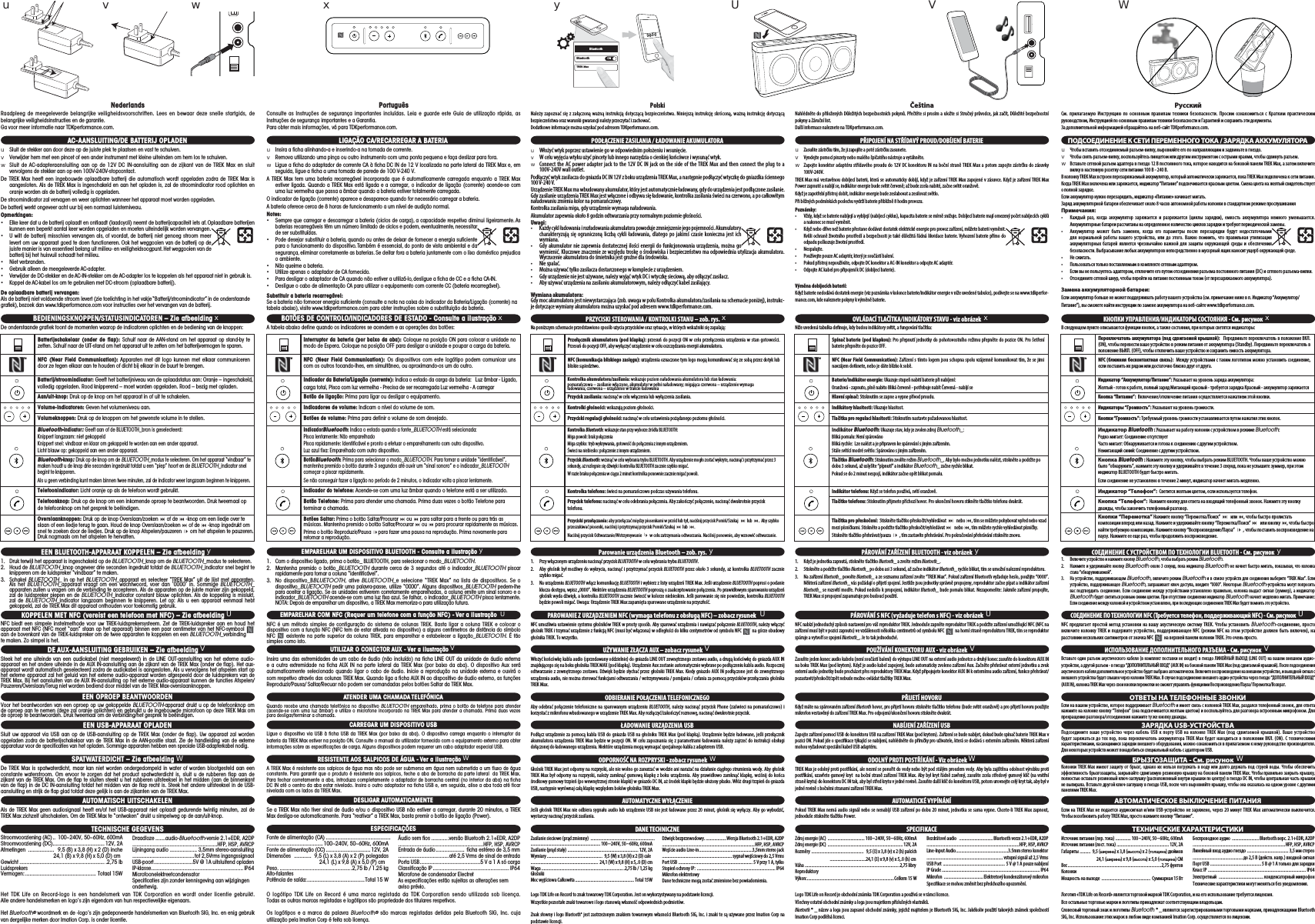 NederlandsRaadpleeg de meegeleverde belangrijke veiligheidsvoorschriften. Lees en bewaar deze snelle startgids, de belangrijke veiligheidsinstructies en de garantie.Ga voor meer informatie naar TDKperformance.com.u  Sluit de stekker aan door deze op de juiste plek te plaatsen en vast te schuiven.v  Verwijder hem met een pincet of een ander instrument met kleine uiteinden om hem los te schuiven.w  Sluit de AC-adapteraansluiting aan op de 12V DC IN-aansluiting aan de zijkant van de TREK Max en sluit vervolgens de stekker aan op een 100V-240V-stopcontact.De TREK Max heeft een ingebouwde oplaadbare batterij die automatisch wordt opgeladen zodra de TREK Max is aangesloten. Als de TREK Max is ingeschakeld en aan het opladen is, zal de stroomindicator rood oplichten en oranje worden als de batterij volledig is opgeladen.De stroomindicator zal vervagen en weer oplichten wanneer het apparaat moet worden opgeladen.De batterij werkt ongeveer acht uur bij een normaal luisterniveau.Opmerkingen: •  Elke keer dat u de batterij oplaadt en ontlaadt (laadcycli) neemt de batterijcapaciteit iets af. Oplaadbare batterijen kunnen een beperkt aantal keer worden opgeladen en moeten uiteindelijk worden vervangen.•  U wilt de batterij misschien vervangen als, of voordat, de batterij niet genoeg stroom meer levert om uw apparaat goed te doen functioneren. Ook het weggooien van de batterij op de juiste manier is van essentieel belang uit milieu- en veiligheidsoogpunt. Het weggooien van de batterij bij het huisvuil schaadt het milieu.• Niet verbranden.•  Gebruik alleen de meegeleverde AC-adapter.•  Verwijder de DC-stekker en de AC-IN-stekker om de AC-adapter los te koppelen als het apparaat niet in gebruik is.•  Koppel de AC-kabel los om te gebruiken met DC-stroom (oplaadbare batterij).De oplaadbare batterij vervangen: Als de batterij niet voldoende stroom levert (zie toelichting in het vakje “Batterij/stroomindicator” in de onderstaande graﬁek), bezoek dan www.tdkperformance.com voor instructies over het vervangen van de batterij.AC-AANSLUITING/DE BATTERIJ OPLADENuvwDe onderstaande grafiek toont de momenten waarop de indicatoren oplichten en de bediening van de knoppen:BEDIENINGSKNOPPEN/STATUSINDICATOREN – Zie afbeelding xxBatterij/stroomindicator: Geeft het batterijniveau van de oplaadstatus aan: Oranje – ingeschakeld, volledig opgeladen. Rood knipperend – moet worden opgeladen. Rood – bezig met opladen.Aan/uit-knop: Druk op de knop om het apparaat in of uit te schakelen.Volumeknoppen: Druk op de knoppen om het gewenste volume in te stellen.Volume-indicatoren: Geven het volumeniveau aan.Bluetooth-knop: Druk op de knop om de BLUETOOTH_modus te selecteren. Om het apparaat “vindbaar” te maken houdt u de knop drie seconden ingedrukt totdat u een “piep” hoort en de BLUETOOTH_indicator snel begint te knipperen.Als u geen verbinding kunt maken binnen twee minuten, zal de indicator weer langzaam beginnen te knipperen.Bluetooth-indicator: Geeft aan of de BLUETOOTH_bron is geselecteerd:Knippert langzaam: niet gekoppeldKnippert snel: vindbaar en klaar om gekoppeld te worden aan een ander apparaat.Licht blauw op: gekoppeld aan een ander apparaat.Telefoonknop: Druk op de knop om een inkomende oproep te beantwoorden. Druk tweemaal op de telefoonknop om het gesprek te beëindigen. Telefoonindicator: Licht oranje op als de telefoon wordt gebruikt. Overslaanknoppen: Druk op de knop Overslaan/zoeken  of de  -knop om een liedje over te slaan of een liedje terug te gaan. Houd de knop Overslaan/zoeken  of de  -knop ingedrukt om snel te zoeken door de liedjes. Druk op de knop Afspelen/pauzeren_om het afspelen te pauzeren. Druk nogmaals om het afspelen te hervatten.1.  Druk terwijl het apparaat is ingeschakeld op de BLUETOOTH_knop om de BLUETOOTH_modus te selecteren.2. Houd de BLUETOOTH_knop ongeveer drie seconden ingedrukt totdat de BLUETOOTH_indicator snel begint te knipperen om de luidspreker “vindbaar” te maken.3. Schakel BLUETOOTH_ in op het BLUETOOTH_apparaat en selecteer “TREK Max” uit de lijst met apparaten. Als het BLUETOOTH_apparaat vraagt om een wachtwoord, voer dan ‘0000’ in. Sommige BLUETOOTH_apparaten zullen u vragen om de verbinding te accepteren. Als de apparaten op de juiste manier zijn gekoppeld, zal de luidspreker piepen en de BLUETOOTH_indicator constant blauw oplichten. Als de koppeling is mislukt, zal de BLUETOOTH_indicator langzaam beginnen te knipperen. Let op: Als u een apparaat eenmaal hebt gekoppeld, zal de TREK Max dit apparaat onthouden voor toekomstig gebruik.EEN BLUETOOTH-APPARAAT KOPPELEN – Zie afbeelding ySteek het ene uiteinde van een audiokabel (niet meegeleverd) in de LINE OUT-aansluiting van het externe audio-apparaat en het andere uiteinde in de AUX IN-aansluiting aan de zijkant van de TREK Max (onder de flap). Het aux-apparaat wordt automatisch geselecteerd zodra de audiokabel is aangesloten. Als u vervolgens het afspelen start op het externe apparaat zal het geluid van het externe audio-apparaat worden afgespeeld door de luidsprekers van de TREK Max. Bij het aansluiten van de AUX IN-aansluiting op het externe audio-apparaat kunnen de functies Afspelen/Pauzeren/Overslaan/Terug niet worden bediend door middel van de TREK Max-overslaanknoppen.DE AUX-AANSLUITING GEBRUIKEN – Zie afbeelding VNFC biedt een simpele instelmethode voor uw TREK-luidsprekersysteem. Zet de TREK-luidspreker aan en houd het apparaat met NFC (NFC moet “aan” staan op het apparaat) binnen een paar centimeter van het NFC-symbool aan de bovenkant van de TREK-luidspreker om de twee apparaten te koppelen en een BLUETOOTH_verbinding te maken. Zo simpel is het. KOPPELEN MET NFC (vereist een telefoon met NFC) – Zie afbeelding UyDe TREK Max is spatwaterdicht, maar kan niet worden ondergedompeld in water of worden blootgesteld aan een constante waterstroom. Om ervoor te zorgen dat het product spatwaterdicht is, sluit u de rubberen flap aan de zijkant van de TREK Max. Om de flap te sluiten steekt u het rubberen uitsteeksel in het midden (aan de binnenkant van de flap) in de DC IN-aansluiting totdat het midden van de flap recht is. Steek het andere uitsteeksel in de USB-aansluiting en strijk de flap glad totdat deze gelijk is aan de zijkanten van de TREK Max.SPATWATERDICHT – Zie afbeelding WAls de TREK Max geen audiosignaal heeft en/of het USB-apparaat niet oplaadt gedurende twintig minuten, zal de TREK Max zichzelf uitschakelen. Om de TREK Max te “ontwaken” drukt u simpelweg op de aan/uit-knop.AUTOMATISCH UITSCHAKELENVoor het beantwoorden van een oproep op uw gekoppelde BLUETOOTH-apparaat drukt u op de telefoonknop om de oproep aan te nemen (deze zal oranje oplichten) en gebruikt u de ingebouwde microfoon op deze TREK Max om de oproep te beantwoorden. Druk tweemaal om de verbinding/het gesprek te beëindigen.EEN OPROEP BEANTWOORDENSluit uw apparaat via USB aan op de USB-aansluiting op de TREK Max (onder de flap). Uw apparaat zal worden opgeladen zodra de batterijschakelaar van de TREK Max in de AAN-positie staat. Zie de handleiding van de externe apparatuur voor de specificaties van het opladen. Sommige apparaten hebben een speciale USB-adapterkabel nodig.EEN USB-APPARAAT OPLADEN TECHNISCHE GEGEVENSStroomvoorziening (AC) ..  100~240V, 50~60Hz, 600mAStroomvoorziening  (DC) .................................... 12V,  2A         Afmetingen  ..................   9,5 (B) x 3,8 (H) x 2 (D) inche                                       24,1 (B) x 9,8 (H) x 5,0 (D) cmGewicht  ........................................................... .2,75  lb                                                                                       Luidsprekers                                                                                 Vermogen: .................................................  Totaal 15WDraadloze .......audio-Bluetooth-versie 2.1+EDR, A2DP...........................................................HFP, HSP, AVRCPLijningang audio  ...................3,5mm stereo-aansluiting ...........................................tot 2,5Vrms ingangssignaal USB-poort ...........................5V @ 1A uitsluitend opladen IP-klasse................................................................ IP64MicrofoonelektreetcondensatorSpecificaties zijn zonder kennisgeving aan wijzigingen onderhevig.Het  TDK  Life  on  Record-logo  is  een  handelsmerk  van  TDK  Corporation  en  wordt  onder  licentie  gebruikt.                        Alle andere handelsmerken en logo’s zijn eigendom van hun respectievelijke eigenaars.Het Bluetooth® woordmerk en de -logo’s zijn gedeponeerde handelsmerken van Bluetooth SIG, Inc. en enig gebruik van dergelijke merken door Imation Corp. is onder licentie.TMTREK MaxONBluetoothBluetooth ON0-0-0-0U V WBatterijschakelaar (onder de flap): Schuif naar de AAN-stand om het apparaat op stand-by te zetten. Schuif naar de UIT-stand om het apparaat uit te zetten om het batterijvermogen te sparen.NFC (Near Field Communication): Apparaten met dit logo kunnen met elkaar communiceren door ze tegen elkaar aan te houden of dicht bij elkaar in de buurt te brengen.TMPortuguêsConsulte as Instruções de segurança importantes incluídas. Leia e guarde este Guia de utilização rápida, as Instruções de segurança importantes e a Garantia.Para obter mais informações, vá para TDKperformance.com.u  Insira a ficha alinhando-a e inserindo-a na tomada de corrente.v  Remova utilizando uma pinça ou outro instrumento com uma ponta pequena e faça deslizar para fora.w  Ligue a ficha do adaptador de corrente CA à ficha DC IN de 12 V localizada na parte lateral da TREK Max e, em seguida, ligue a ficha a uma tomada de parede de 100 V-240 V.A TREK Max tem uma bateria recarregável incorporada que é automaticamente carregada enquanto a TREK Max estiver ligada. Quando a TREK Max está ligada e a carregar, o indicador de ligação (corrente) acende-se com uma luz vermelha que passa a âmbar quando a bateria estiver totalmente carregada.O indicador de ligação (corrente) aparece e desaparece quando for necessário carregar a bateria.A bateria oferece cerca de 8 horas de funcionamento a um nível de audição normal.Notes: •  Sempre que carregar e descarregar a bateria (ciclos de carga), a capacidade respetiva diminui ligeiramente. As baterias recarregáveis têm um número limitado de ciclos e podem, eventualmente, necessitar de ser substituídas.•  Pode desejar substituir a bateria, quando ou antes de deixar de fornecer a energia suficiente para o funcionamento do dispositivo. Também é essencial, do ponto de vista ambiental e da segurança, eliminar corretamente as baterias. Se deitar fora a bateria juntamente com o lixo doméstico prejudica o ambiente.•  Não queime a bateria.•  Utilize apenas o adaptador de CA fornecido.•  Para desligar o adaptador de CA quando não estiver a utilizá-lo, desligue a ficha de CC e a ficha CA-IN.•  Desligue o cabo de alimentação CA para utilizar o equipamento com corrente CC (bateria recarregável).Substituir a bateria recarregável:Se a bateria não fornecer energia suﬁciente (consulte a nota na caixa do indicador da Bateria/Ligação (corrente) na tabela abaixo), visite www.tdkperformance.com para obter instruções sobre a substituição da bateria.LIGAÇÃO CA/RECARREGAR A BATERIAA tabela abaixo define quando os indicadores se acendem e as operações dos botões:BOTÕES DE CONTROLO/INDICADORES DE ESTADO - Consulte a ilustração xIndicador da Bateria/Ligação (corrente): Indica o estado da carga da bateria:   Luz âmbar - Ligado,carga total, Pisca com luz vermelha - Precisa de ser recarregada Luz vermelha - A carregarBotão de ligação: Prima para ligar ou desligar o equipamento.Botões de volume: Prima para definir o volume de som desejado.Indicadores de volume: Indicam o nível do volume de som.BotãoBluetooth: Prima para selecionar o modo_BLUETOOTH. Para tornar a unidade “identificável”, mantenha premido o botão durante 3 segundos até ouvir um “sinal sonoro” e o indicador_BLUETOOTH começar a piscar rapidamente.Se não conseguir fazer a ligação no período de 2 minutos, o indicador volta a piscar lentamente.IndicadorBluetooth: Indica o estado quando a fonte_BLUETOOTH está selecionada:Pisca lentamente: Não emparelhadoPisca rapidamente: Identificável e pronto a efetuar o emparelhamento com outro dispositivo.Luz azul fixa: Emparelhado com outro dispositivo.Botão Telefone: Prima para atender uma chamada. Prima duas vezes o botão Telefone para terminar a chamada. Indicador do telefone: Acende-se com uma luz âmbar quando o telefone está a ser utilizado. Botões Saltar: Prima o botão Saltar/Procurar  ou  para saltar para a frente ou para trás as músicas. Mantenha premido o botão Saltar/Procurar  ou  para procurar rapidamente as músicas.Prima o botão Reproduzir/Pausa_para fazer uma pausa na reprodução. Prima novamente para retomar a reprodução.1.  Com o dispositivo ligado, prima o botão_ BLUETOOTH, para selecionar o modo_BLUETOOTH.2.  Mantenha premido o botão_BLUETOOTH durante cerca de 3 segundos até o indicador_BLUETOOTH piscar rapidamente para tornar a coluna “identificável”.3. No dispositivo_BBLUETOOTH, ative BLUETOOTH_e selecione “TREK Max” na lista de dispositivos. Se o dispositivo_BLUETOOTH pedir uma palavra-passe, utilize “0000”. Alguns dispositivos_BLUETOOTH pedem-lhe para aceitar a ligação. Se as unidades estiverem corretamente emparelhadas, a coluna emite um sinal sonoro e o indicador_BLUETOOTH acende-se com uma luz fixa azul. Se falhar, o indicador_BLUETOOTH pisca lentamente. NOTA: Depois de emparelhar um dispositivo, a TREK Max memoriza-o para utilização futura.EMPARELHAR UM DISPOSITIVO BLUETOOTH - Consulte a ilustração yInsira uma das extremidades de um cabo de áudio (não incluído) na ficha LINE OUT da unidade de áudio externa e a outra extremidade na ficha AUX IN na parte lateral da TREK Max (por baixo da aba). O dispositivo Aux será automaticamente selecionado quando ligar o cabo de áudio. Inicie a reprodução na unidade externa e ouvirá o som respetivo através das colunas TREK Max. Quando liga a ficha AUX IN ao dispositivo de áudio externo, as funções Reproduzir/Pausa/ Saltar/Recuar não podem ser comandadas pelos botões Saltar da TREK Max.UTILIZAR O CONECTOR AUX - Ver a ilustração VNFC é um método simples de configuração do sistema de colunas TREK. Basta ligar a coluna TREK e colocar o dispositivo com a função NFC (NFC tem de estar ativada no dispositivo) a alguns centímetros de distância do símbolo NFC   existente na parte superior da coluna TREK, para emparelhar e estabelecer a ligação_BLUETOOTH. É tão simples como isto. EMPARELHAR COM NFC (Requer um telefone com a função NFC) - Ver a ilustração  UA TREK Max é resistente aos salpicos de água mas não pode ser submersa em água nem submetida a um fluxo de água constante. Para garantir que o produto é resistente aos salpicos, feche a aba de borracha da parte lateral  da TREK Max. Para fechar corretamente a aba, introduza completamente o adaptador de borracha central (no interior da aba) na ficha DC IN até o centro da aba estar nivelado. Insira o outro adaptador na ficha USB e, em seguida, alise a aba toda até ficar nivelada com os lados da TREK Max.RESISTENTE AOS SALPICOS DE ÁGUA - Ver a ilustração WSe a TREK Max não tiver sinal de áudio e/ou o dispositivo USB não estiver a carregar, durante 20 minutos, a TREK Max desliga-se automaticamente. Para “reativar” a TREK Max, basta premir o botão de ligação (Power).DESLIGAR AUTOMATICAMENTEQuando recebe uma chamada telefónica no dispositivo BLUETOOTH emparelhado, prima o botão de telefone para atender (acende-se com uma luz âmbar) e utilize o microfone incorporado na TREK Max para atender a chamada. Prima duas vezes para desligar/terminar a chamada.ATENDER UMA CHAMADA TELEFÓNICALigue o dispositivo via USB à ficha USB da TREK Max (por baixo da aba). O dispositivo carrega enquanto o interruptor da bateria da TREK Max estiver na posição ON. Consulte o manual do utilizador fornecido com o equipamento externo para obter informações sobre as especificações de carga. Alguns dispositivos podem requerer um cabo adaptador especial USB.CARREGAR UM DISPOSITIVO USB  ESPECIFICAÇÕESFonte de alimentação (CA) .................................................................................... 100~240V, 50~60Hz, 600mAFonte  de  alimentação  (CC) ...............................12V,  2A         Dimensões   ............  9,5 (L) x 3,8 (A) x 2 (P) polegadas                                       24,1 (L) x 9,8 (A) x 5,0 (P) cmPeso.  ..................................................2,75  lb  /  1.25  kg                                                                                       Alto-falantes                                                                                 Potência de saída: ........................................Total 15 WÁudio sem fios  ............versão Bluetooth 2.1+EDR, A2DP ...........................................................HFP, HSP, AVRCPEntrada de áudio .................... ficha estéreo de 3,5 mm ...................................até 2,5 Vrms de sinal de entrada Porta USB ..........................................5 V a 1 A só cargaClassificação IP ..................................................... IP64Microfone de condensador ElectretAs especificações estão sujeitas as alterações sem aviso prévio.O  logótipo  TDK  Life  on  Record  é  uma  marca  registada  da  TDK  Corporation  sendo  utilizada  sob  licença.                     Todas as outras marcas registadas e logótipos são propriedade dos titulares respetivos.Os logótipos e a marca da palavra Bluetooth® são marcas registadas detidas pela Bluetooth SIG, Inc. cuja utilização pela Imation Corp é feita sob licença.Interruptor da bateria (por baixo da aba): Coloque na posição ON para colocar a unidade no modo de Espera. Coloque na posição OFF para desligar a unidade e poupar a carga da bateria.NFC (Near Field Communication): Os dispositivos com este logótipo podem comunicar uns com os outros tocando-lhes, em simultâneo, ou aproximando-os um do outro.TMPolskiNależy zapoznać się z załączoną ważną instrukcją dotyczącą bezpieczeństwa. Niniejszą instrukcję skróconą, ważną instrukcję dotyczącą bezpieczeństwa oraz warunki gwarancji należy przeczytać i zachować.Dodatkowe informacje można uzyskać pod adresem TDKperformance.com.u Włożyć wtyk poprzez ustawienie go w odpowiednim położeniu i wsunięcie.v W celu wyjęcia wtyku użyć pincety lub innego narzędzia o cienkiej końcówce i wysunąć wtyk.w Connect the AC power adapter jack to the 12V DC IN jack on the side of the TREK Max and then connect the plug to a 100V-240V wall outlet.Podłączyć wtyk zasilacza do gniazda DC IN 12V z boku urządzenia TREK Max, a następnie podłączyć wtyczkę do gniazdka ściennego 100 V-240 V.Urządzenie TREK Max ma wbudowany akumulator, który jest automatycznie ładowany, gdy do urządzenia jest podłączone zasilanie. Gdy zasilanie urządzenia TREK Max jest włączone i odbywa się ładowanie, kontrolka zasilania świeci na czerwono, a po całkowitym naładowaniu zmienia kolor na pomarańczowy.Kontrolka zasilania miga, gdy urządzenie wymaga naładowania.Akumulator zapewnia około 8 godzin odtwarzania przy normalnym poziomie głośności.Uwagi: •  Każdy cykl ładowania i rozładowania akumulatora powoduje zmniejszenie jego pojemności. Akumulatory charakteryzują się ograniczoną liczbą cykli ładowania, dlatego po jakimś czasie konieczna jest ich wymiana.•  Gdy akumulator nie zapewnia dostatecznej ilości energii do funkcjonowania urządzenia, można go wymienić. Kluczowe znaczenie ze względu troskę o środowiska i bezpieczeństwo ma odpowiednia utylizacja akumulatora. Wyrzucenie akumulatora do śmietnika jest groźne dla środowiska.•   Nie spalać.•   Można używać tylko zasilacza dostarczonego w komplecie z urządzeniem.•   Gdy urządzenie nie jest używane, należy wyjąć wtyk DC i wtyczkę sieciową, aby odłączyć zasilacz.•   Aby używać urządzenia na zasilaniu akumulatorowym, należy odłączyć kabel zasilający.Wymiana akumulatora: Gdy moc akumulatora jest niewystarczająca (zob. uwaga w polu Kontrolka akumulatora/zasilania na schemacie poniżej), instrukc-je dotyczące wymiany akumulatora można uzyskać pod adresem www.tdkperformance.com.PODŁĄCZENIE ZASILANIA / ŁADOWANIE AKUMULATORANa poniższym schemacie przedstawiono sposób użycia przycisków oraz sytuacje, w których wskaźniki się zapalają:PRZYCISKI STEROWANIA / KONTROLKI STANU – zob. rys. xKontrolka akumulatora/zasilania: wskazuje poziom naładowania akumulatora lub stan ładowania:pomarańczowa – zasilanie włączone, akumulator w pełni naładowany; migająca czerwona – urządzenie wymagaładowania; czerwona – urządzenie w trakcie ładowaniaPrzycisk zasilania: nacisnąć w celu włączenia lub wyłączenia zasilania.Przyciski regulacji głośności: nacisnąć w celu ustawienia pożądanego poziomu głośności.Kontrolki głośności: wskazują poziom głośności.Przycisk Bluetooth: wcisnąć w celu wybrania trybu BLUETOOTH. Aby urządzenie mogło zostać wykryte, nacisnąć i przytrzymać przez 3 sekundy, aż rozlegnie się dźwięk i kontrolka BLUETOOTH zacznie szybko migać.W razie braku połączenia w ciągu 2 minut kontrolka ponownie zacznie migać powoli. Kontrolka Bluetooth: wskazuje stan przy wyborze źródła BLUETOOTH:Miga powoli: brak połączeniaMiga szybko: tryb wykrywania, gotowość do połączenia z innym urządzeniem. Świeci na niebiesko: połączenie z innym urządzeniem.Przycisk telefonu: nacisnąć w celu odebrania połączenia. Aby zakończyć połączenie, nacisnąć dwukrotnie przycisk telefonu. Kontrolka telefonu: świeci na pomarańczowo podczas używania telefonu.  Przyciski przełączania: aby przełączać między piosenkami w przód lub tył, naciśnij przycisk Pomiń/Szukaj   lub . Aby szybko przeszukiwać piosenki, naciśnij i przytrzymaj przycisk Pomiń/Szukaj  lub .Naciśnij przycisk Odtwarzanie/Wstrzymywanie_w celu zatrzymania odtwarzania. Naciśnij ponownie, aby wznowić odtwarzanie.1.  Przy włączonym urządzeniu nacisnąć przycisk BLUETOOTH w celu wybrania trybu BLUETOOTH.2.  Aby głośnik był możliwy do wykrycia, nacisnąć i przytrzymać przycisk BLUETOOTH przez około 3 sekundy, aż kontrolka BLUETOOTH zacznie szybko migać.3. Na urządzeniu BLUETOOTH włącz komunikację BLUETOOTH i wybierz z listy urządzeń TREK Max. Jeśli urządzenie BLUETOOTH poprosi o podanie klucza dostępu, wpisz „0000”. Niektóre urządzenia BLUETOOTH poproszą o zaakceptowanie połączenia. Po prawidłowym sparowaniu urządzeń głośnik wyda dźwięk, a kontrolka BLUETOOTH zacznie świecić w kolorze niebieskim. Jeśli parowanie się nie powiedzie, kontrolka BLUETOOTH będzie powoli migać. Uwaga: Urządzenie TREK Max zapamięta sparowane urządzenie na przyszłość.Parowanie urządzenia Bluetooth – zob. rys. yWłożyć końcówkę kabla audio (sprzedawany oddzielnie) do gniazda LINE OUT zewnętrznego zestawu audio, a drugą końcówkę do gniazda AUX IN znajdującego się na boku głośnika TREK MAX (pod klapką). Urządzenie Aux zostanie automatycznie wybrane po podłączeniu kabla audio. Rozpocznij odtwarzanie z zewnętrznego zestawu. Dźwięk będzie słychać przez głośniki TREK Max. Kiedy gniazdo AUX IN podłączone jest do zewnętrznego urządzenia audio, nie można sterować funkcjami odtwarzania / wstrzymywania / pomijania / cofania za pomocą przycisków przełączania głośnika TREK Max.UŻYWANIE ZŁĄCZA AUX – zobacz rysunek VNFC umożliwia ustawienie systemu głośników TREK w prosty sposób. Aby sparować urządzenia i nawiązać połączenie BLUETOOTH, należy włączyć głośnik TREK i trzymać urządzenie z funkcją NFC (musi być włączona) w odległości do kilku centymetrów od symbolu NFC   na górze obudowy głośnika TREK. To wszystko. PAROWANIE Z URZĄDZENIEM NFC (wymaga telefonu z obsługą NFC) – zobacz rysunek  UGłośnik TREK Max jest odporny na rozpryski, ale nie wolno go zanurzać w wodzie ani narażać na działanie ciągłego strumienia wody. Aby głośnik TREK Max był odporny na rozpryski, należy zamknąć gumową klapkę z boku urządzenia. Aby prawidłowo zamknąć klapkę, wciśnij do końca środkowy gumowy trzpień (po wewnętrznej stronie klapki) w gniazdo DC IN, aż środek klapki będzie ułożony płasko. Włóż drugi trzpień do gniazda USB, następnie wyrównaj całą klapkę względem boków głośnika TREK Max.ODPORNOŚĆ NA ROZPRYSKI - zobacz rysunek  WJeśli głośnik TREK Max nie odbiera sygnału audio lub urządzenie USB nie jest ładowane przez 20 minut, głośnik się wyłączy. Aby go wybudzić, wystarczy nacisnąć przycisk zasilania.AUTOMATYCZNE WYŁĄCZENIEAby odebrać połączenie telefoniczne na sparowanym urządzeniu BLUETOOTH, należy nacisnąć przycisk Phone (zaświeci na pomarańczowo) i korzystać z mikrofonu wbudowanego w urządzenie TREK Max. Aby rozłączyć/zakończyć rozmowę, nacisnąć dwukrotnie przycisk.ODBIERANIE POŁĄCZENIA TELEFONICZNEGOPodłącz urządzenie za pomocą kabla USB do gniazda USB na głośniku TREK Max (pod klapką). Urządzenie będzie ładowane, jeśli przełącznik akumulatora urządzenia TREK Max będzie w pozycji ON. W celu zapoznania się z parametrami ładowania należy zajrzeć do instrukcji obsługi dołączonej do ładowanego urządzenia. Niektóre urządzenia mogą wymagać specjalnego kabla z adapterem USB.ŁADOWANIE URZĄDZENIA USB DANE TECHNICZNEZasilanie sieciowe (prąd zmienny)  ........................................................................................................................... 100~240V, 50~60Hz, 600mAZasilanie  (prąd  stały)   ................................................................. 12V,  2A         Wymiary ...................................................  9,5 (W) x 3,8 (H) x 2 (D) cale      ..............................................................  24,1 (W) x 9,8 (H) x 5,.0 (D) cmWaga  . ...........................................................................2,75 lb / 1,25  kg                                                                                       Głośniki                                                                             Moc wyjściowa Całkowita ...................................................... Total 15WDźwięk bezprzewodowy. ...................Wersja Bluetooth 2.1+EDR, A2DP.....................................................................................HFP, HSP, AVRCPWejście audio Line-in .................................................3,5mm stereo jack ................................................................ sygnał wejściowy do 2,5 VrmsPort USB  .................................................................... 5 V przy 1 A, tylko Stopień ochrony IP:  ........................................................................ IP64Mikrofon elektretowyDane techniczne mogą zostać zmienione bez powiadomienia.Logo TDK Life on Record to znak towarowy TDK Corporation. Jest on wykorzystywany na podstawie licencji.Wszystkie pozostałe znaki towarowe i logo stanowią własność odpowiednich podmiotów.Znak słowny i logo Bluetooth® jest zastrzeżonym znakiem towarowym własności Bluetooth SIG, Inc. i znaki te są używane przez Imation Corp na podstawie licencji.Przełącznik akumulatora (pod klapką): przesuń do pozycji ON w celu przełączenia urządzenia w stan gotowości. Przesuń do pozycji OFF, aby wyłączyć urządzenie w celu oszczędzania energii akumulatora.NFC (komunikacja bliskiego zasięgu): urządzenia oznaczone tym logo mogą komunikować się ze sobą przez dotyk lub bliskie sąsiedztwo.TMČeštinaNahlédněte do přiložených Důležitých bezpečnostních pokynů. Přečtěte si prosím a uložte si Stručný průvodce, jak začít, Důležité bezpečnostní pokyny a Záruční list.Další informace naleznete na TDKperformance.com.u  Zasuňte zástrčku tím, že ji zapojíte a poté zástrčku zasunete.v  Vyndejte pomocí pinzety nebo malého špičatého nástroje a vytáhněte.w  Zapojte konektor adaptéru střídavého proudu do 12V DC konektoru IN na boční straně TREK Max a potom zapojte zástrčku do zásuvky 100V-240V.TREK Max má vestavěnou dobíjecí baterii, která se automaticky dobíjí, když je zařízení TREK Max zapojené v zásuvce. Když je zařízení TREK Max Power zapnuté a nabíjí se, indikátor energie bude svítit červeně; až bude zcela nabité, začne svítit oranžově.Když je zapotřebí přístroj dobít, indikátor energie bude zeslabovat a zesilovat světlo.Při běžných podmínkách poslechu vydrží baterie přibližně 8 hodin provozu.Poznámky: •  Vždy, když se baterie nabíjejí a vybíjejí (nabíjecí cyklus), kapacita baterie se mírně snižuje. Dobíjecí baterie mají omezený počet nabíjecích cyklů a nakonec se musí vyměnit.•   Když nebo dříve než baterie přestane dodávat dostatek elektrické energie pro provoz zařízení, můžete baterii vyměnit. Kvůli ochraně životního prostředí a bezpečnosti je také důležitá řádná likvidace baterie. Vyhození baterie přímo do odpadu poškozuje životní prostředí.•   Nespalujte.•   Používejte pouze AC adaptér, který je součástí balení.•   Pokud přístroj nepoužíváte, odpojte DC konektor a AC-IN konektor a odpojte AC adaptér.•   Odpojte AC kabel pro připojení k DC (dobíjecí baterie).Výměna dobíjecích baterií:  Když baterie nedodává dostatek energie (viz poznámka v kolonce baterie/indikátor energie v níže uvedené tabulce), podívejte se na www.tdkperfor-mance.com, kde naleznete pokyny k výměně baterie.PŘIPOJENÍ NA STŘÍDAVÝ PROUD/DOBÍJENÍ BATERIENíže uvedená tabulka definuje, kdy budou indikátory svítit, a fungování tlačítka:OVLÁDACÍ TLAČÍTKA/INDIKÁTORY STAVU - viz obrázek  xBaterie/indikátor energie: Ukazuje stupeň nabití baterie při nabíjení:Oranžová - zapnuto, plně nabito Bliká červeně - potřebuje nabít Červená - nabíjí seHlavní spínač: Stisknutím se zapne a vypne přívod proudu.Tlačítka pro regulaci hlasitosti: Stisknutím nastavte požadovanou hlasitost.Indikátory hlasitosti: Ukazuje hlasitost.Tlačítko Bluetooth: Stisknutím zvolíte režim Bluetooth_. Aby bylo možno jednotku nalézt, stiskněte a podržte po dobu 3 sekund, až uslyšíte “pípnutí” a indikátor Bluetooth_ začne rychle blikat.Pokud se do 2 minut nespojí, indikátor začne opět blikat pomalu.Indikátor Bluetooth: Ukazuje stav, kdy je zvolen zdroj Bluetooth_:Bliká pomalu: Není spárovánoBliká rychle:  Lze nalézt a je připraven ke spárování s jiným zařízením.  Stále svítící modré světlo: Spárováno s jiným zařízením.Tlačítko telefonu: Stisknutím přijmete příchozí hovor. Pro ukončení hovoru stikněte tlačítko telefonu dvakrát. Indikátor telefonu: Když se telefon používá, svítí oranžově. Tlačítka pro přeskočení:  Stiskněte tlačítko přeskočit/vyhledávat  nebo , tím se můžete pohybovat vpřed nebo vzad mezi písničkami. Stiskněte a podržte tlačítko přeskočit/vyhledávat nebo , tím můžete rychle vyhledávat písničky.Stiskněte tlačítko přehrávat/pauza_, tím zastavíte přehrávání. Pro pokračování přehrávání stiskněte znovu.1.  Když je jednotka zapnutá, stiskněte tlačítko Bluetooth_ a zvolte režim Bluetooth_.2.   Stiskněte a podržte tlačítko Bluetooth_ po dobu asi 3 sekund, až začne indikátor Bluetooth_ rychle blikat, tím se umožní nalezení reproduktoru.3.   Na zařízení Bluetooth_ povolte Bluetooth_ a ze seznamu zařízení zvolte “TREK Max”. Pokud zařízení Bluetooth vyžaduje heslo, použijte “0000”. Některá zařízení Bluetooth_ vás požádají o přijetí spojení. Jestliže jsou jednotky správně propojeny, reproduktor začne pípat a indikátor zařízení Bluetooth_ se rozsvítí modře. Pokud nedošlo k propojení, indikátor Bluetooth_ bude pomalu blikat. Nezapomeňte: Jakmile zařízení propojíte, TREK Max si propojení zapamatuje pro budoucí použití.PÁROVÁNÍ ZAŘÍZENÍ BLUETOOTH - viz obrázek  yZasuňte jeden konec audio kabelu (není součástí balení) do výstupu LINE OUT na externí audio jednotce a druhý konec zasuňte do konektoru AUX IN na boku TREK Max (pod krytem). Když je audio kabel zapojený, bude automaticky zvoleno zařízení Aux. Začněte přehrávat externí jednotku a zvuk externí audio jednotky bude procházet přes reproduktory TREK Max. Když připojujete konektor AUX IN k externímu audio zařízení, funkce přehrávat/pozastavit/přeskočit/zpět nebude možno ovládat tlačítky TREK Max.POUŽÍVÁNÍ KONEKTORU AUX - viz obrázek  VNFC nabízí jednoduchý způsob nastavení pro váš reproduktor TREK. Jednoduše zapněte reproduktor TREK a podržte zařízení umožňující NFC (NFC na zařízení musí být v pozici zapnuto) ve vzdálenosti několika centimetrů od symbolu NFC   na horní straně reproduktoru TREK, tím se reproduktor spáruje a vytvoří se spojení Bluetooth_. Je to tak jednoduché.PÁROVÁNÍ S NFC (vyžaduje telefon s NFC) - viz obrázek  UTREK Max je odolný proti postříkání, ale nesmí se ponořit do vody nebo být pod stálým proudem vody. Aby byla zajištěna odolnost výrobku proti postříkání, uzavřete gumový kryt  na boční straně zařízení TREK Max. Aby byl kryt řádně zavřený, zasuňte zcela středový gumový klíč (na vnitřní straně krytu) do konektoru DC IN tak, aby byl střed krytu v jedné rovině. Zasuňte další klíč do konektoru USB, potom urovnejte celý kryt tak, aby byl v jedné rovině s bočními stranami zařízení TREK Max.ODOLNÝ PROTI POSTŘÍKÁNÍ - Viz obrázek WPokud TREK Max nemá audio signál nebo se nenabíjí USB zařízení po dobu 20 minut, jednotka se sama vypne. Chcete-li TREK Max zapnout, jednoduše stiskněte tlačítko Power.AUTOMATICKÉ VYPÍNÁNÍKdyž máte na spárovaném zařízení Bluetooth hovor, pro přijetí hovoru stiskněte tlačítko telefonu (bude svítit oranžově) a pro přijetí hovoru použijte mikrofon vestavěný do zařízení TREK Max. Pro odpojení/ukončení hovoru stiskněte dvakrát.PŘIJETÍ HOVORUZapojte zařízení pomocí USB do konektoru USB na zařízení TREK Max (pod krytem). Zařízení se bude nabíjet, dokud bude spínač baterie TREK Max v pozici ON. Pokud jde o specifikace týkající se nabíjení, nahlédněte do příručky pro uživatele, která se dodává s externím zařízením. Některá zařízení mohou vyžadovat speciální kabel USB adaptéru.NABÍJENÍ ZAŘÍZENÍ USBSPECIFIKACEZdroj energie (AC)  .................................. 100~240V, 50~60Hz, 600mAZdroj  energie  (DC)   ..................................................................... 12V,  2A         Rozměry  ................................................   9,5 (š) x 3,8 (v) x 2 (h) palcích                                         .................................24,1 (š) x 9,8 (v) x 5,.0 (h) cmVáha  ...................................................................................... .2,75 libryReproduktory                                                                                    Výkon: ................................................................................ Celkem 15 WBezdrátové audio   ............................... Bluetooth verze 2.1+EDR, A2DP.....................................................................................HFP, HSP, AVRCPLine-Input Audio ................................................3.5mm stereo konektor  ...................................................................... vstupní  signál  až  2,5  Vrms           USB Port  ......................................................... 5 V @ 1 A pouze nabíjeníIP Grade .......................................................................................... IP64Mikrofon  .................................... Elektretový kondenzátorový mikrofonSpecifikace se mohou změnit bez předchozího upozornění.Logo TDK Life on Record je obchodní známka TDK Corporation a používá se v rámci licence.Všechny ostatní obchodní známky a loga jsou majetkem příslušných vlastníků.Bluetooth ® _ název a loga jsou zapsané obchodní známky, jejichž majitelem je Bluetooth SIG, Inc. Jakékoliv použití takových známek společností Imation Corp podléhá licenci.Spínač baterie (pod klapkou): Pro přepnutí jednotky do pohotovostního režimu přepněte do pozice ON. Pro šetření baterie přepněte do pozice OFF.NFC (Near Field Communication): Zařízení s tímto logem jsou schopna spolu vzájemně komunikovat tím, že se jimi navzájem dotknete, nebo je dáte blízko k sobě.TMPусскийСм. прилагаемую Инструкцию по основным правилам техники безопасности. Просим ознакомиться с Кратким практическим руководством, Инструкцией по основным правилам техники безопасности и Гарантией и сохранить эти документы. За дополнительной информацией обращайтесь на веб-сайт TDKperformance.com.u  Чтобы вставить отсоединяемый разъем-вилку, выровняйте его по направляющим и задвиньте в гнездо.v  Чтобы снять разъем-вилку, воспользуйтесь пинцетом или другим инструментом с острыми краями, чтобы сдвинуть разъем.w  Вставьте сетевой разъем адаптера в гнездо 12 В постоянного тока, которое находится на боковой панели TREK Max, а затем включите вилку в настенную розетку сети питания 100 В - 240 В.B колонку TREK Max встроен перезаряжаемый аккумулятор, который автоматически заряжается, пока TREK Max подключена к сети питания. Когда TREK Max включена или заряжается, индикатор “Питание” подсвечивается красным цветом. Смена цвета на желтый свидетельствует о полной зарядке.Если аккумулятор нужно перезарядить, индикатор «Питание» начинает мигать.Заряд аккумуляторной батареи обеспечивает около 8 часов автономной работы колонки в стандартном режиме прослушиванияПримечания:  •  Каждый раз, когда аккумулятор заряжается и разряжается (циклы зарядки), емкость аккумулятора немного уменьшается. Аккумуляторные батареи рассчитаны на определенное количество циклов зарядки и требуют периодической замены.•   Аккумулятор может быть заменен, когда его параметры после перезарядки будут недостаточными для нормальной работы вашего устройства, или до этого. Важно помнить, что правильная утилизация аккумуляторных батарей является чрезвычайно важной для защиты окружающей среды и обеспечения безопасности. Выбрасывание любых аккумуляторов непосредственно в мусорный ящик наносит ущерб окружающей среде.•   Не сжигать.•   Пользоваться только поставляемым в комплекте сетевым адаптером.•   Если вы не пользуетесь адаптером, отключите его путем отсоединения разъема постоянного питания (DC) и сетевого разъема-вилки.•   Отсоедините сетевой шнур, чтобы перейти на питание постоянным током (от перезаряжаемого аккумулятора). Замена аккумуляторной батареи:  Если аккумулятор больше не может поддерживать работу вашего устройства (см. примечание ниже в п. Индикатор “Аккумулятор/Питание”), вы сможете найти инструкции по замене аккумулятора на веб-сайте www.tdkperformance.com.ПОДСОЕДИНЕНИЕ К СЕТИ ПЕРЕМЕННОГО ТОКА / ЗАРЯДКА АККУМУЛЯТОРАВ следующем пункте описываются функции кнопок, а также состояния, при которых светятся индикаторы:КНОПКИ УПРАВЛЕНИЯ/ИНДИКАТОРЫ СОСТОЯНИЯ - См. рисунок  xИндикатор “Аккумулятор/Питание”: Указывает на уровень заряда аккумулятора:Желтый - готов к работе, полный заряд Мигающий красный - требуется зарядка Красный - аккумулятор заряжаетсяКнопка “Питание”:  Включение/отключение питания осуществляется нажатием этой кнопки.Кнопки “Громкость”: Требуемый уровень громкости устанавливается путем нажатия этих кнопок.Индикаторы “Громкость”: Указывают на уровень громкости.Кнопка Bluetooth : Нажмите эту кнопку, чтобы выбрать режим BLUETOOTH. Чтобы ваше устройство можно было “обнаружить”, нажмите эту кнопку и удерживайте в течение 3 секунд, пока не услышите зуммер, при этом индикатор BLUETOOTH будет быстро мигать.Если соединение не установлено в течение 2 минут, индикатор начнет мигать медленно.Индикатор Bluetooth : Указывает на работу колонки с устройством в режиме Bluetooth:Редко мигает: Соединение отсутствуетЧасто мигает: Обнаруживается и готова к соединению с другим устройством.Немигающий синий: Соединение с другим устройством.Кнопка “Телефон”:  Нажмите кнопку для ответа на входящий телефонный звонок. Нажмите эту кнопку дважды, чтобы закончить телефонный разговор. Индикатор “Телефон”:  Светится желтым цветом, если используется телефон. Кнопки “Перемотка” Нажмите кнопку “Перемотка/Поиск”  или , чтобы быстро пролистать композиции вперед или назад. Нажмите и удерживайте кнопку “Перемотка/Поиск” или кнопку , чтобы быстро найти требуемую композицию. Нажмите кнопку “Воспроизведение/Пауза”_, чтобы поставить воспроизведение на паузу. Нажмите ее еще раз, чтобы продолжить воспроизведение.1.  Включите устройство и нажмите кнопку Bluetooth, чтобы выбрать режим Bluetooth.2.   Нажмите и удерживайте кнопку Bluetooth около 3 секунд, пока индикатор Bluetooth не начнет быстро мигать, показывая, что колонка стала “обнаруживаемой”.3.   На устройстве, поддерживающем Bluetooth, включите режим Bluetooth и в списке устройств для соединения выберите “TREK Max”. Если устройство, поддерживающее Bluetooth, запрашивает ключ доступа, введите “0000”. Некоторые Bluetooth-устройства могут попросить вас подтвердить соединение. Если соединение между устройствами установлено правильно, колонка выдаст сигнал (зуммер), а индикатор Bluetooth будет светиться ровным синим цветом. При отсутствии соединения индикатор Bluetooth начнет медленно мигать. Примечание: Если соединение между колонкой и устройством установлено, при последующих соединениях TREK Max будет помнить это устройство.СОЕДИНЕНИЕ С УСТРОЙСТВОМ ПО ТЕХНОЛОГИИ BLUETOOTH - См. рисунок  yВставьте один разъем акустического кабеля (в комплект поставки не входит) в гнездо ЛИНЕЙНЫЙ ВЫХОД (LINE OUT) на вашем внешнем аудио-устройстве, а другой разъем - в гнездо “ДОПОЛНИТЕЛЬНЫЙ ВХОД” (AUX IN) на боковой панели TREK Max (под сдвигаемой крышкой). После подсоединения акустического кабеля дополнительное устройство будет выбрано автоматически. Включите воспроизведение на внешнем устройстве, и выходной сигнал с внешнего устройства будет слышен через колонки TREK Max. В случае подсоединения внешнего аудио-устройства через гнездо “ДОПОЛНИТЕЛЬНЫЙ ВХОД” (AUX IN), колонка TREK Max через свои кнопки перемотки не сможет управлять функциями Воспроизведение/Пауза/ Перемотка/Возврат.ИСПОЛЬЗОВАНИЕ ДОПОЛНИТЕЛЬНОГО РАЗЪЕМА - См. рисунок  VNFC предлагает простой метод установки на вашу акустическую систему TREK. Чтобы установить Bluetooth-соединение, просто включите колонку TREK и подержите устройство, поддерживающее NFC (режим NFC на этом устройстве должен быть включен), на расстоянии нескольких сантиметров от значка NFC   на верхней панели колонки TREK. Это очень просто. СОЕДИНЕНИЕ ПО ТЕХНОЛОГИИ NFC (Требуется телефон, поддерживающий NFC) - См. рисунок  UКолонки TREK Max имеют защиту от брызг, однако их нельзя погружать в воду или долго держать под струей воды. Чтобы обеспечить эффективность брызгозащиты, закрывайте сдвигаемую резиновую крышку на боковой панели TREK Max. Чтобы правильно закрыть крышку, полностью вставьте резиновый ключ-заглушку (расположенный внутри крышки по центру) в гнездо DC IN, чтобы центральная часть крышки не выпирала. Вставьте другой ключ-заглушку в гнездо USB, после чего выровняйте крышку, чтобы она оказалась на одном уровне с другими панелями TREK Max.БРЫЗГОЗАЩИТА - См. рисунок  WЕсли на TREK Max не подается аудиосигнал и/или USB-устройство не заряжено, через 20 минут TREK Max автоматически выключится. Чтобы возобновить работу TREK Max, просто нажмите кнопку “Питание”.АВТОМАТИЧЕСКОЕ ВЫКЛЮЧЕНИЕ ПИТАНИЯЕсли на вашем устройстве, которое поддерживает Bluetooth и имеет связь с колонкой TREK Max, раздался телефонный звонок, для ответа нажмите на колонке кнопку “Телефон” (она подсвечивается желтым цветом) и воспользуйтесь для разговора встроенным микрофоном. Для прекращения разговора/отсоединения нажмите ту же кнопку дважды.ОТВЕТЫ НА ТЕЛЕФОННЫЕ ЗВОНКИПодсоедините ваше устройство через кабель USB к порту USB на колонке TREK Max (под сдвигаемой крышкой). Ваше устройство будет заряжаться до тех пор, пока переключатель аккумулятора TREK Max будет находиться в положении ВКЛ. (ON). С техническими характеристиками, касающимися зарядки внешнего оборудования, можно ознакомиться в прилагаемом к нему руководстве производителя. Для некоторых устройств может понадобиться специальный кабель с адаптером USB.ЗАРЯДКА USB-УСТРОЙСТВА ТЕХНИЧЕСКИЕ ХАРАКТЕРИСТИКИИсточник питания (пер. тока)  .............. 100~240V, 50~60Hz, 600mAИсточник  питания  (пост.  тока)   ................................................ 12V,  2A         Габариты  ..........  9,5 (ширина) x 3,8 (высота) x 2 (толщина) дюймов                                        24,1 (ширина) x 9,8 (высота) x 5,0 (толщина) CMВес  ......................................................................................2,75 фунтов                                                                                        Колонки                                                                                   Мощность на выходе  .............................................  Суммарная 15 ВтБеспроводное аудио  .........................Bluetooth верс. 2.1+EDR, A2DP.....................................................................................HFP, HSP, AVRCPЛинейный вход аудио гнездо  ...................................... 3,5 мм стерео .............................................. до 2,5 В (действ. напр.) входной сигнал Порт USB ............................................... 5 В @ 1 A только для зарядкиКласс IP  .......................................................................................... IP64Электретный   ......................................... конденсаторный микрофонТехнические характеристики могут меняться без уведомления.Логотип «TDK Life on Record» является торговой маркой TDK Corporation, и на его использование требуется лицензия.Все остальные торговые марки и логотипы принадлежат соответствующим владельцам.Словесный торговый знак и логотипы Bluetooth ® _ являются зарегистрированными торговыми марками, принадлежащими Bluetooth SIG, Inc. Использование этих марок в любом виде компанией Imation Corp. осуществляется по лицензии.Переключатель аккумулятора (под сдвигаемой крышкой):   Передвиньте переключатель в положение ВКЛ. (ON), чтобы перевести ваше устройство в режим питания от аккумулятора (Standby). Передвиньте переключатель в положение ВЫКЛ. (OFF), чтобы отключить ваше устройство и сохранить емкость аккумулятора.NFC (ближняя бесконтактная связь):  Между устройствами с таким логотипом можно установить соединение, если поставить их рядом или достаточно близко друг от друга.TM