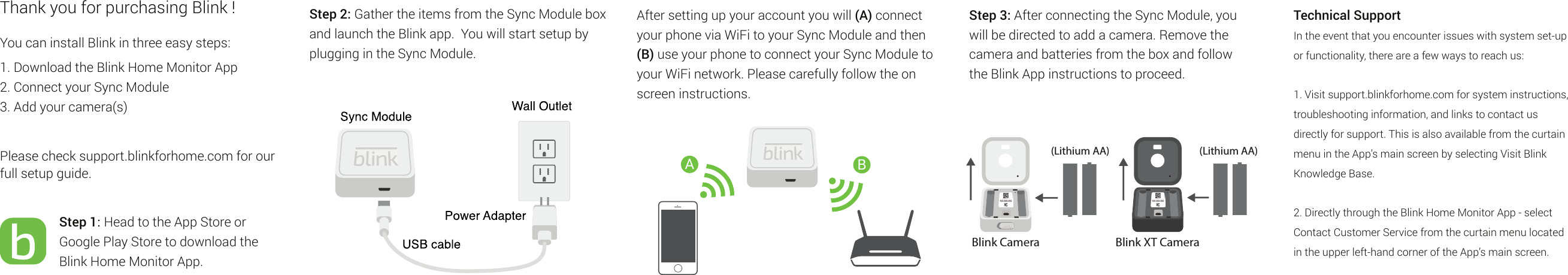 Technical SupportIn the event that you encounter issues with system set-up or functionality, there are a few ways to reach us:1. Visit support.blinkforhome.com for system instructions, troubleshooting information, and links to contact us directly for support. This is also available from the curtain menu in the App’s main screen by selecting Visit Blink Knowledge Base.2. Directly through the Blink Home Monitor App - select Contact Customer Service from the curtain menu located in the upper left-hand corner of the App’s main screen.Thank you for purchasing Blink !You can install Blink in three easy steps:1. Download the Blink Home Monitor App2. Connect your Sync Module3. Add your camera(s)Please check support.blinkforhome.com for our full setup guide.       Step 1: Head to the App Store or        Google Play Store to download the         Blink Home Monitor App.Step 2: Gather the items from the Sync Module box and launch the Blink app.  You will start setup by plugging in the Sync Module.After setting up your account you will (A) connect your phone via WiFi to your Sync Module and then (B) use your phone to connect your Sync Module to your WiFi network. Please carefully follow the on screen instructions.ABStep 3: After connecting the Sync Module, you will be directed to add a camera. Remove the camera and batteries from the box and follow the Blink App instructions to proceed.Blink Camera Blink XT Camera(Lithium AA)(Lithium AA)