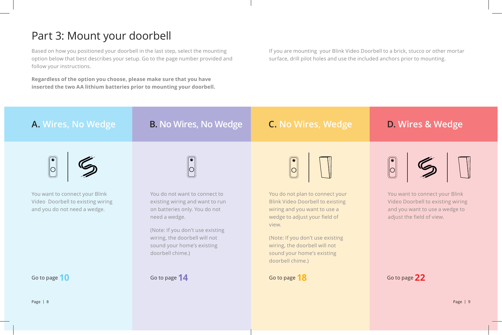 If you are mounting  your Blink Video Doorbell to a brick, stucco or other mortar surface, drill pilot holes and use the included anchors prior to mounting.Based on how you positioned your doorbell in the last step, select the mounting option below that best describes your setup. Go to the page number provided and follow your instructions.Regardless of the option you choose, please make sure that you have inserted the two AA lithium batteries prior to mounting your doorbell.Part 3: Mount your doorbellA. Wires, No Wedge C. No Wires, Wedge D. Wires &amp; WedgeB. No Wires, No WedgeYou want to connect your Blink Video  Doorbell to existing wiring and you do not need a wedge.Go to page 10You do not want to connect to existing wiring and want to run on batteries only. You do not need a wedge. (Note: If you don’t use existing wiring, the doorbell will not sound your home’s existing doorbell chime.)Go to page 14You do not plan to connect your Blink Video Doorbell to existing wiring and you want to use a wedge to adjust your eld of view. (Note: If you don’t use existing wiring, the doorbell will not sound your home’s existing doorbell chime.)Go to page 18You want to connect your Blink Video Doorbell to existing wiring and you want to use a wedge to adjust the eld of view.Go to page 22Page  |  8 Page  |  9