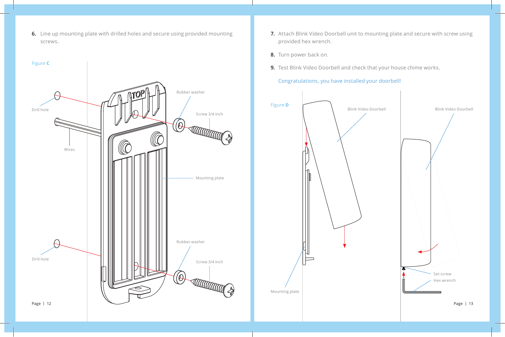 Attach Blink Video Doorbell unit to mounting plate and secure with screw using provided hex wrench.Turn power back on.Test Blink Video Doorbell and check that your house chime works.Congratulations, you have installed your doorbell!7.     8.9.Figure DMounting plateHex wrenchSet screwBlink Video Doorbell Blink Video DoorbellLine up mounting plate with drilled holes and secure using provided mounting screws. 6.Figure CWiresScrew 3/4 inchScrew 3/4 inchMounting plateRubber washerDrill holeRubber washerDrill holePage  |  12 Page  |  13