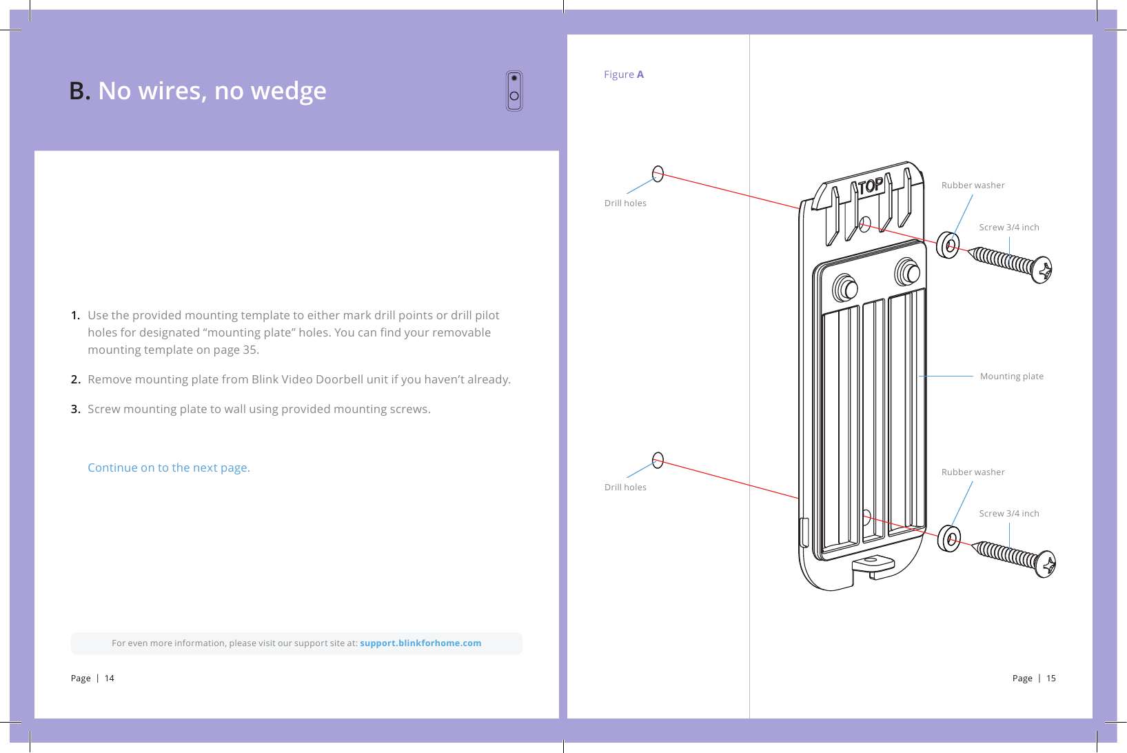 Figure AScrew 3/4 inchScrew 3/4 inchMounting plateRubber washerRubber washerDrill holesDrill holesUse the provided mounting template to either mark drill points or drill pilot holes for designated “mounting plate” holes. You can nd your removable mounting template on page 35.Remove mounting plate from Blink Video Doorbell unit if you haven’t already. Screw mounting plate to wall using provided mounting screws.Continue on to the next page.1.  2.3.For even more information, please visit our support site at: support.blinkforhome.comB. No wires, no wedgePage  |  14 Page  |  15