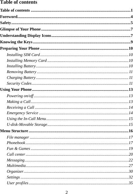  2Table of contents Table of contents .................................................................................................1 Foreword..............................................................................................................4 Safety....................................................................................................................5 Glimpse of Your Phone.......................................................................................7 Understanding Display Icons.............................................................................7 Knowing the Keys ...............................................................................................9 Preparing Your Phone ......................................................................................10 Installing SIM Card......................................................................................10 Installing Memory Card...............................................................................10 Installing Battery..........................................................................................10 Removing Battery .........................................................................................11 Charging Battery.......................................................................................... 11 Security Codes..............................................................................................11 Using Your Phone..............................................................................................13 Powering on/off............................................................................................13 Making a Call...............................................................................................13 Receiving a Call ...........................................................................................14 Emergency Service .......................................................................................14 Using the In-Call Menu................................................................................15 U-disk-Movable Storage...............................................................................15 Menu Structure .................................................................................................16 File manager ................................................................................................17 Phonebook....................................................................................................17 Fun &amp; Games ...............................................................................................19 Call center ....................................................................................................20 Messaging.....................................................................................................22 Multimedia....................................................................................................27 Organizer......................................................................................................30 Settings .........................................................................................................32 User profiles.................................................................................................35 