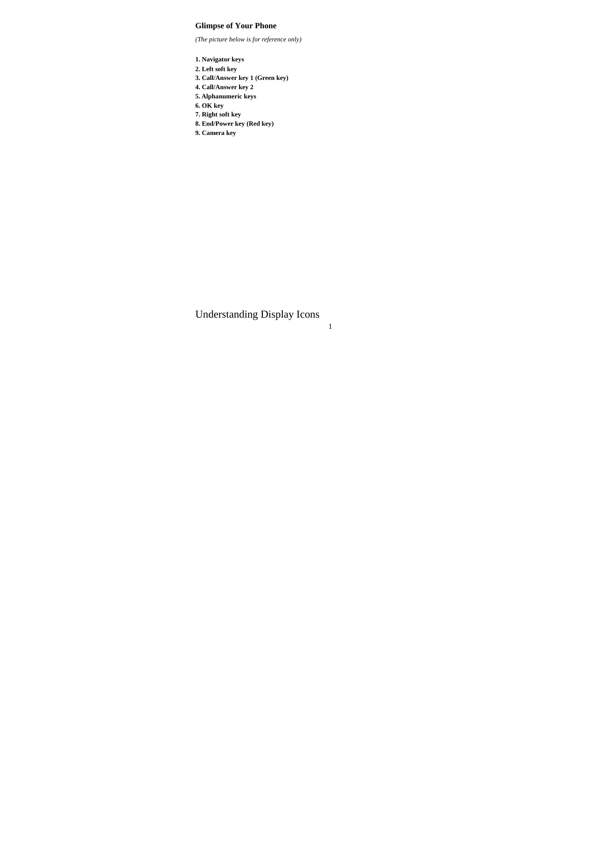 1   Glimpse of Your Phone (The picture below is for reference only)    1. Navigator keys                2. Left soft key                  3. Call/Answer key 1 (Green key) 4. Call/Answer key 2             5. Alphanumeric keys 6. OK key 7. Right soft key 8. End/Power key (Red key) 9. Camera key                    Understanding Display Icons 