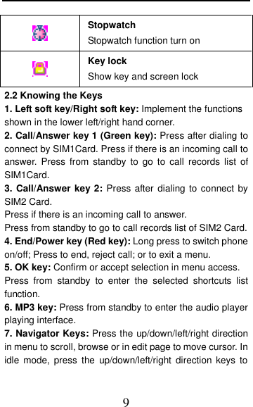  9  Stopwatch Stopwatch function turn on  Key lock Show key and screen lock 2.2 Knowing the Keys 1. Left soft key/Right soft key: Implement the functions shown in the lower left/right hand corner. 2. Call/Answer key 1 (Green key): Press after dialing to connect by SIM1Card. Press if there is an incoming call to answer. Press  from  standby  to  go  to  call  records list  of SIM1Card. 3. Call/Answer key 2: Press  after dialing to  connect by SIM2 Card. Press if there is an incoming call to answer. Press from standby to go to call records list of SIM2 Card. 4. End/Power key (Red key): Long press to switch phone on/off; Press to end, reject call; or to exit a menu. 5. OK key: Confirm or accept selection in menu access. Press  from  standby  to  enter  the  selected  shortcuts  list function. 6. MP3 key: Press from standby to enter the audio player playing interface.   7. Navigator Keys: Press the up/down/left/right direction in menu to scroll, browse or in edit page to move cursor. In idle  mode,  press  the  up/down/left/right  direction  keys  to 