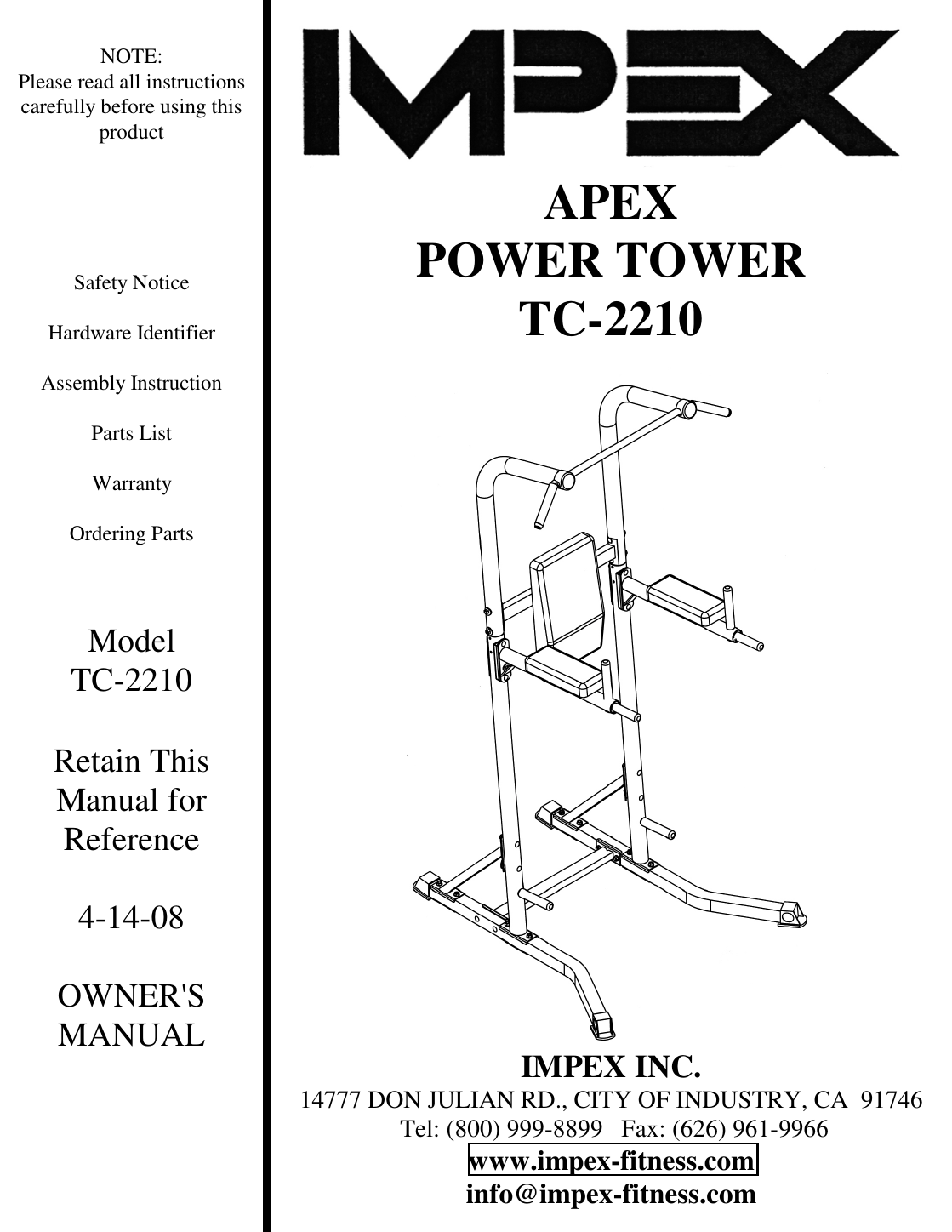 Page 1 of 12 - Impex-Fitness Impex-Fitness-Apex-Tc-2210-Users-Manual- PARTS LIST  Impex-fitness-apex-tc-2210-users-manual