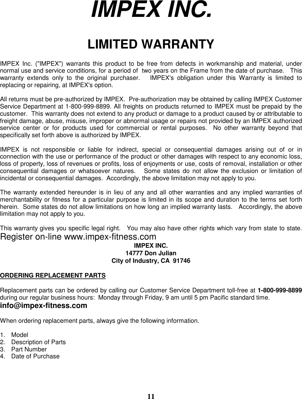 Page 12 of 12 - Impex-Fitness Impex-Fitness-Apex-Tc-2210-Users-Manual- PARTS LIST  Impex-fitness-apex-tc-2210-users-manual