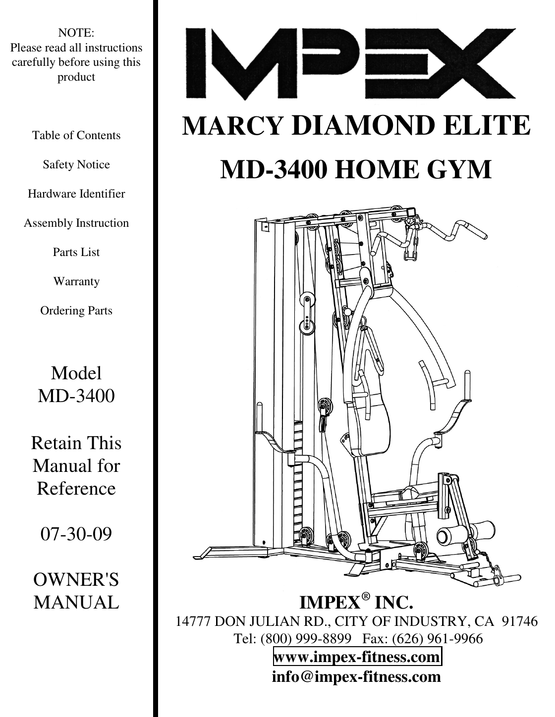 Impex Fitness Md 3400 Users Manual PARTS LIST