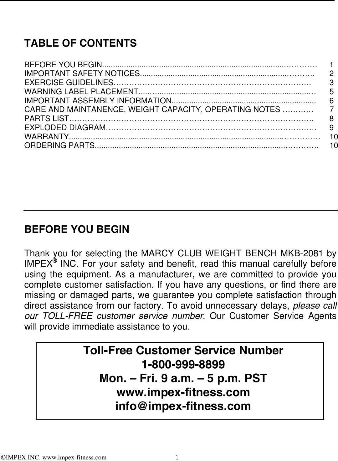 Page 2 of 11 - Impex-Fitness Impex-Fitness-Mkb-2081-Owners-Manual- PARTS LIST  Impex-fitness-mkb-2081-owners-manual