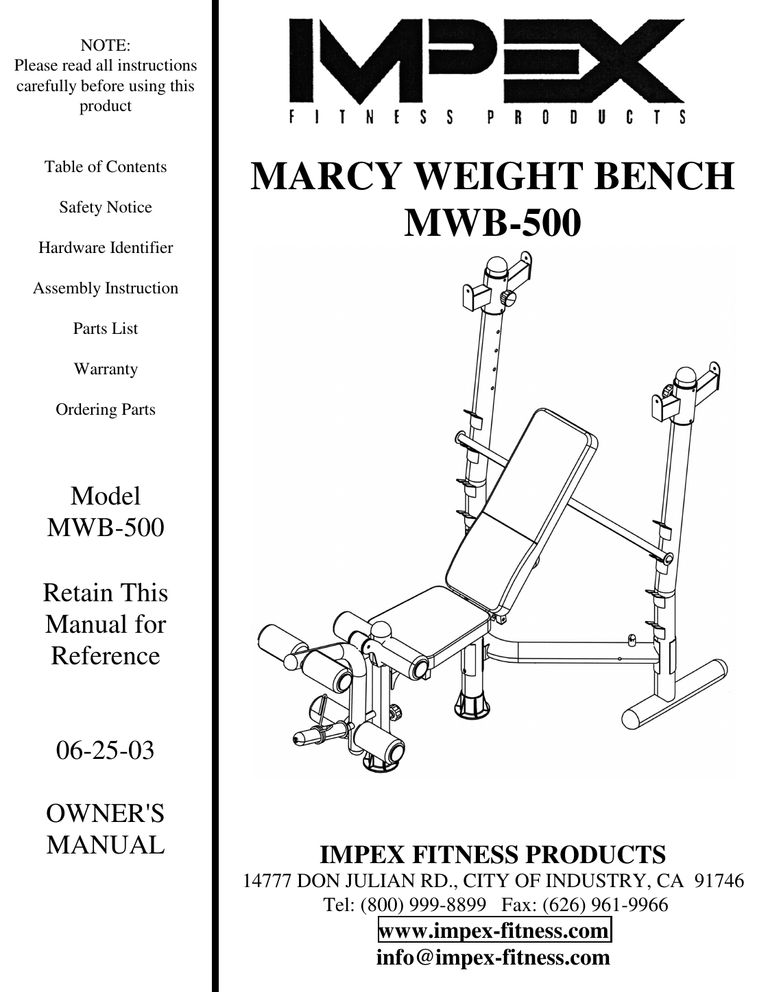 Impex Fitness Mwb 500 Owners Manual Parts List