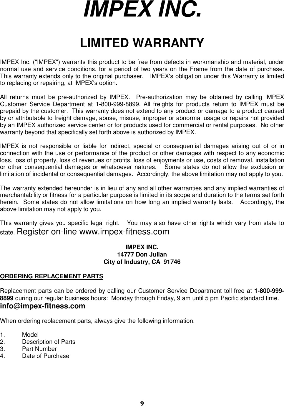 Page 10 of 10 - Impex-Fitness Impex-Fitness-Mwb-500-Owners-Manual- PARTS LIST  Impex-fitness-mwb-500-owners-manual