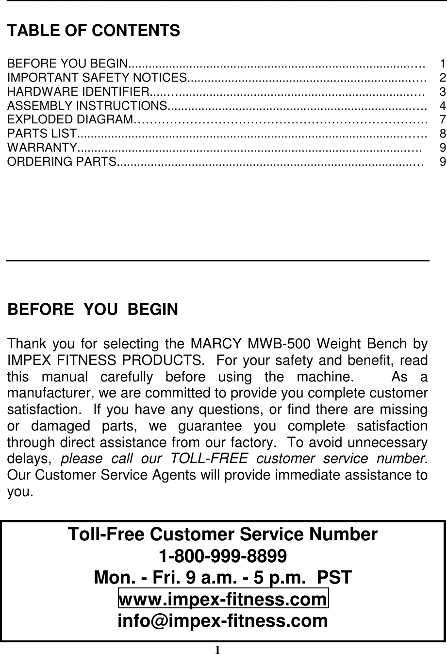 Page 2 of 10 - Impex-Fitness Impex-Fitness-Mwb-500-Owners-Manual- PARTS LIST  Impex-fitness-mwb-500-owners-manual