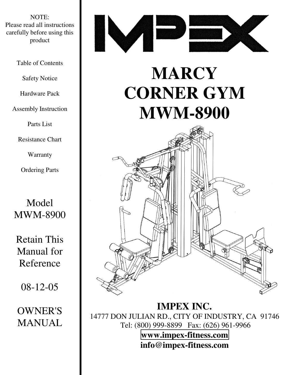 Impex Fitness Mwm 8900 Owners Manual PARTS LIST