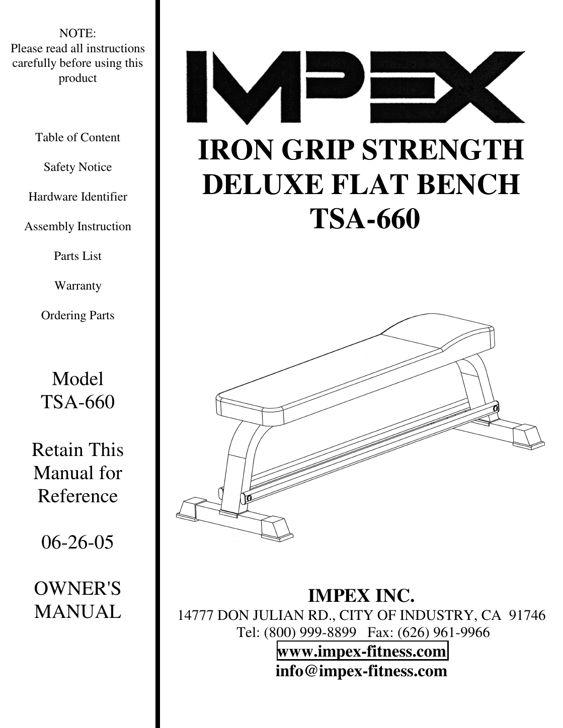 Page 1 of 8 - Impex-Fitness Impex-Fitness-Tsa-660-Users-Manual- PARTS LIST  Impex-fitness-tsa-660-users-manual