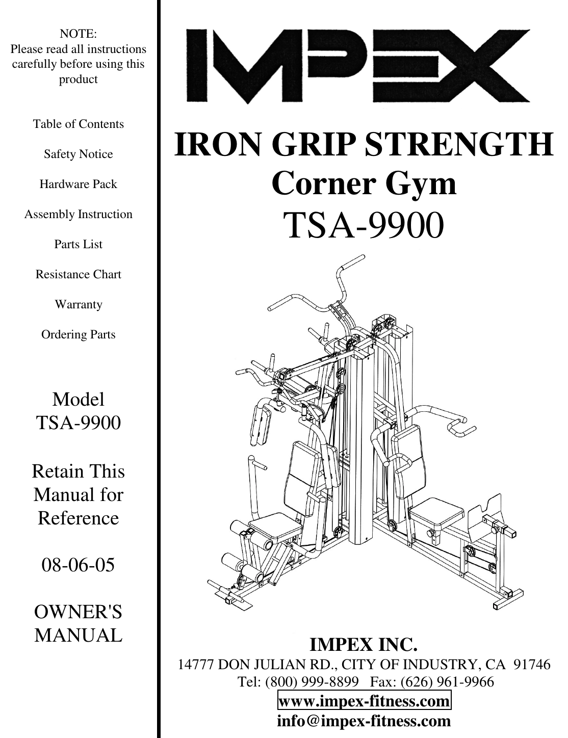 impex-fitness-tsa-9900-owners-manual-parts-list