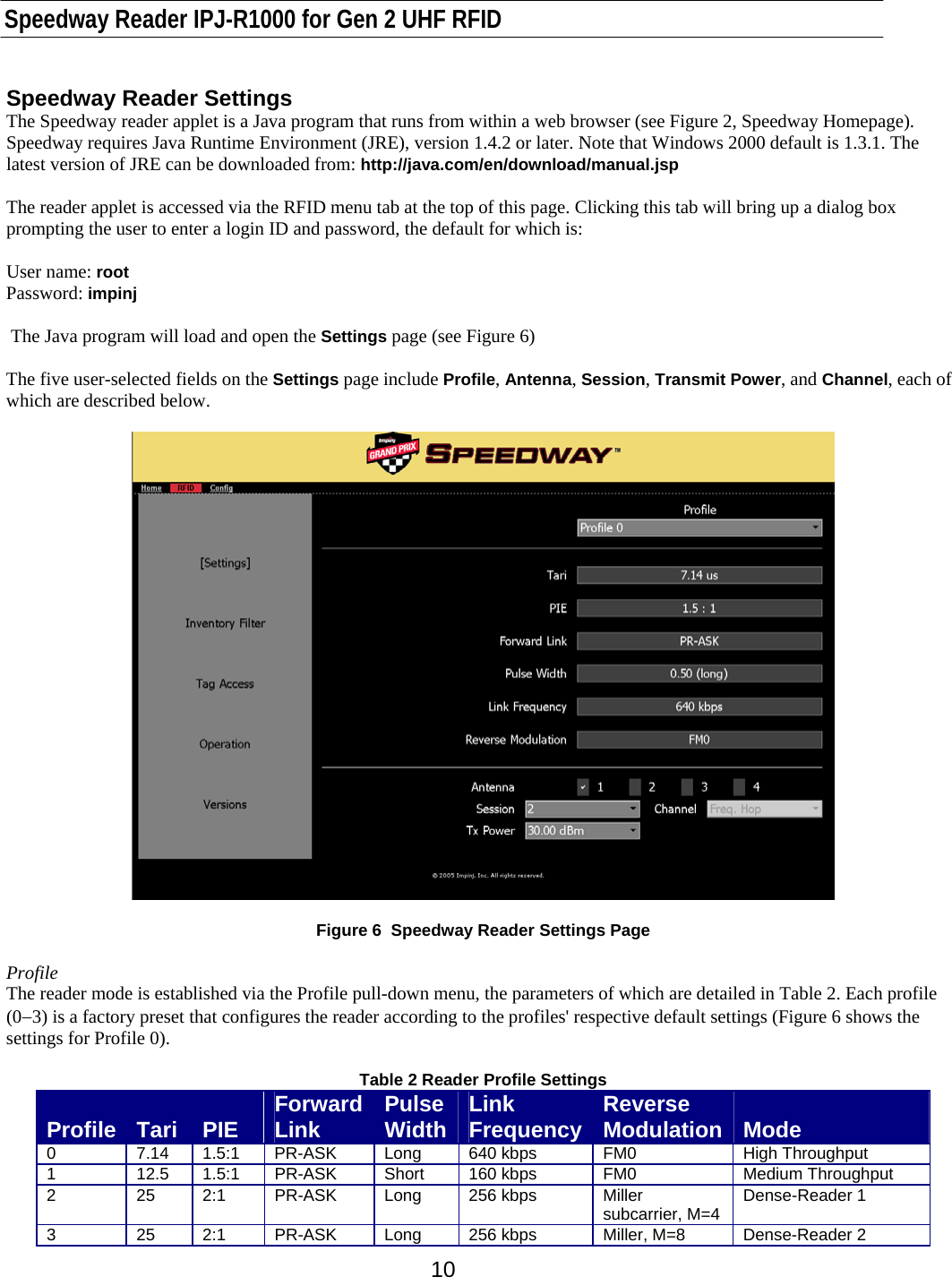    Speedway Reader IPJ-R1000 for Gen 2 UHF RFID    10 Speedway Reader Settings The Speedway reader applet is a Java program that runs from within a web browser (see Figure 2, Speedway Homepage). Speedway requires Java Runtime Environment (JRE), version 1.4.2 or later. Note that Windows 2000 default is 1.3.1. The latest version of JRE can be downloaded from: http://java.com/en/download/manual.jsp  The reader applet is accessed via the RFID menu tab at the top of this page. Clicking this tab will bring up a dialog box prompting the user to enter a login ID and password, the default for which is:  User name: root Password: impinj   The Java program will load and open the Settings page (see Figure 6)  The five user-selected fields on the Settings page include Profile, Antenna, Session, Transmit Power, and Channel, each of which are described below.     Figure 6  Speedway Reader Settings Page  Profile  The reader mode is established via the Profile pull-down menu, the parameters of which are detailed in Table 2. Each profile (0−3) is a factory preset that configures the reader according to the profiles&apos; respective default settings (Figure 6 shows the settings for Profile 0).   Table 2 Reader Profile Settings  Profile   Tari   PIE  Forward Link  Pulse Width Link Frequency Reverse Modulation   Mode 0 7.14 1.5:1 PR-ASK Long 640 kbps FM0  High Throughput 1 12.5 1.5:1 PR-ASK Short 160 kbps FM0  Medium Throughput 2  25 2:1 PR-ASK Long 256 kbps  Miller subcarrier, M=4  Dense-Reader 1 3  25 2:1 PR-ASK Long 256 kbps  Miller, M=8  Dense-Reader 2 