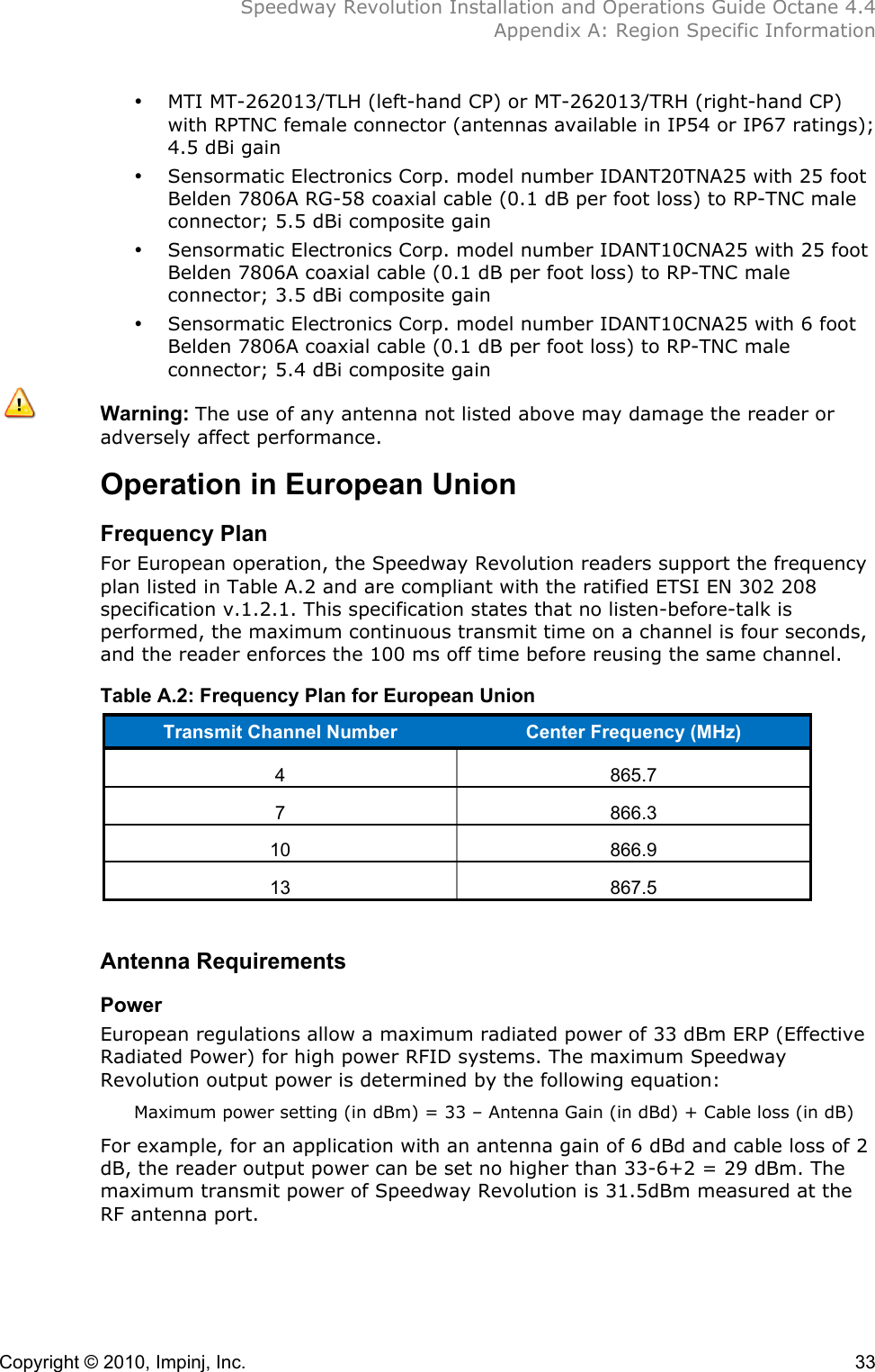  Speedway Revolution Installation and Operations Guide Octane 4.4  Appendix A: Region Specific Information  Copyright © 2010, Impinj, Inc.    33 • MTI MT-262013/TLH (left-hand CP) or MT-262013/TRH (right-hand CP) with RPTNC female connector (antennas available in IP54 or IP67 ratings); 4.5 dBi gain • Sensormatic Electronics Corp. model number IDANT20TNA25 with 25 foot Belden 7806A RG-58 coaxial cable (0.1 dB per foot loss) to RP-TNC male connector; 5.5 dBi composite gain • Sensormatic Electronics Corp. model number IDANT10CNA25 with 25 foot Belden 7806A coaxial cable (0.1 dB per foot loss) to RP-TNC male connector; 3.5 dBi composite gain • Sensormatic Electronics Corp. model number IDANT10CNA25 with 6 foot Belden 7806A coaxial cable (0.1 dB per foot loss) to RP-TNC male connector; 5.4 dBi composite gain  Warning: The use of any antenna not listed above may damage the reader or adversely affect performance. Operation in European Union Frequency Plan For European operation, the Speedway Revolution readers support the frequency plan listed in Table A.2 and are compliant with the ratified ETSI EN 302 208 specification v.1.2.1. This specification states that no listen-before-talk is performed, the maximum continuous transmit time on a channel is four seconds, and the reader enforces the 100 ms off time before reusing the same channel. Table A.2: Frequency Plan for European Union Transmit Channel Number Center Frequency (MHz) 4 865.7 7 866.3 10 866.9 13 867.5  Antenna Requirements Power European regulations allow a maximum radiated power of 33 dBm ERP (Effective Radiated Power) for high power RFID systems. The maximum Speedway Revolution output power is determined by the following equation: Maximum power setting (in dBm) = 33 – Antenna Gain (in dBd) + Cable loss (in dB) For example, for an application with an antenna gain of 6 dBd and cable loss of 2 dB, the reader output power can be set no higher than 33-6+2 = 29 dBm. The maximum transmit power of Speedway Revolution is 31.5dBm measured at the RF antenna port.   