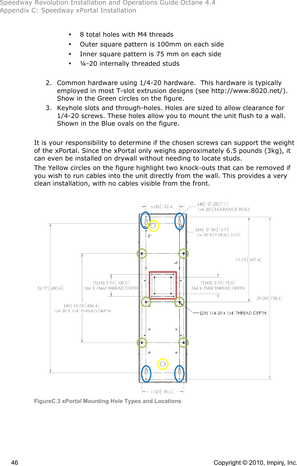 Speedway Revolution Installation and Operations Guide Octane 4.4 Appendix C: Speedway xPortal Installation  46    Copyright © 2010, Impinj, Inc. • 8 total holes with M4 threads • Outer square pattern is 100mm on each side • Inner square pattern is 75 mm on each side • ¼-20 internally threaded studs  2. Common hardware using 1/4-20 hardware.  This hardware is typically employed in most T-slot extrusion designs (see http://www.8020.net/).  Show in the Green circles on the figure. 3. Keyhole slots and through-holes. Holes are sized to allow clearance for 1/4-20 screws. These holes allow you to mount the unit flush to a wall. Shown in the Blue ovals on the figure.  It is your responsibility to determine if the chosen screws can support the weight of the xPortal. Since the xPortal only weighs approximately 6.5 pounds (3kg), it can even be installed on drywall without needing to locate studs.  The Yellow circles on the figure highlight two knock-outs that can be removed if you wish to run cables into the unit directly from the wall. This provides a very clean installation, with no cables visible from the front.   FigureC.3 xPortal Mounting Hole Types and Locations 