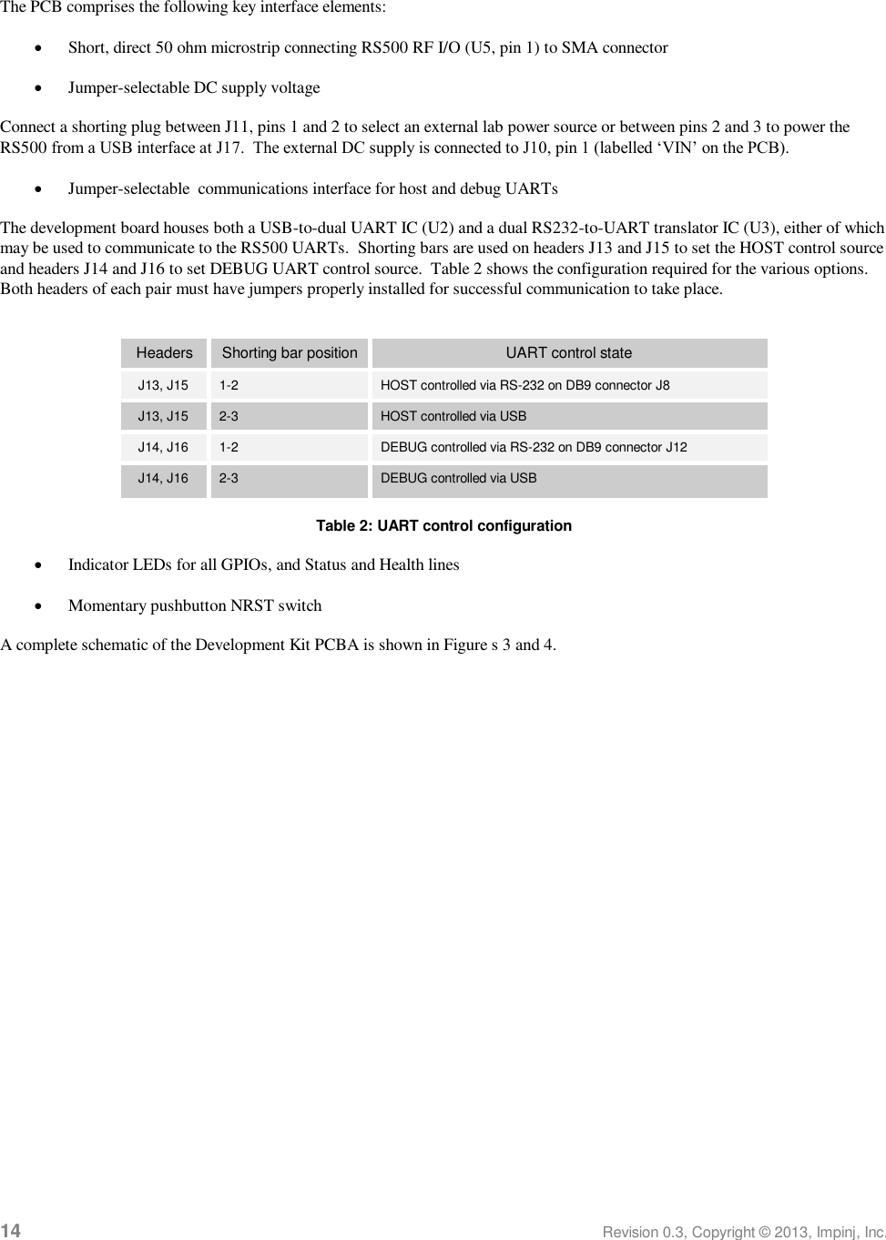  14 Revision 0.3, Copyright © 2013, Impinj, Inc. The PCB comprises the following key interface elements:  Short, direct 50 ohm microstrip connecting RS500 RF I/O (U5, pin 1) to SMA connector  Jumper-selectable DC supply voltage Connect a shorting plug between J11, pins 1 and 2 to select an external lab power source or between pins 2 and 3 to power the RS500 from a USB interface at J17.  The external DC supply is connected to J10, pin 1 (labelled ‘VIN’ on the PCB).  Jumper-selectable  communications interface for host and debug UARTs The development board houses both a USB-to-dual UART IC (U2) and a dual RS232-to-UART translator IC (U3), either of which may be used to communicate to the RS500 UARTs.  Shorting bars are used on headers J13 and J15 to set the HOST control source and headers J14 and J16 to set DEBUG UART control source.  Table 2 shows the configuration required for the various options.  Both headers of each pair must have jumpers properly installed for successful communication to take place.   Headers Shorting bar position UART control state J13, J15 1-2 HOST controlled via RS-232 on DB9 connector J8 J13, J15 2-3 HOST controlled via USB J14, J16 1-2 DEBUG controlled via RS-232 on DB9 connector J12 J14, J16 2-3 DEBUG controlled via USB  Table 2: UART control configuration  Indicator LEDs for all GPIOs, and Status and Health lines  Momentary pushbutton NRST switch A complete schematic of the Development Kit PCBA is shown in Figure s 3 and 4.  