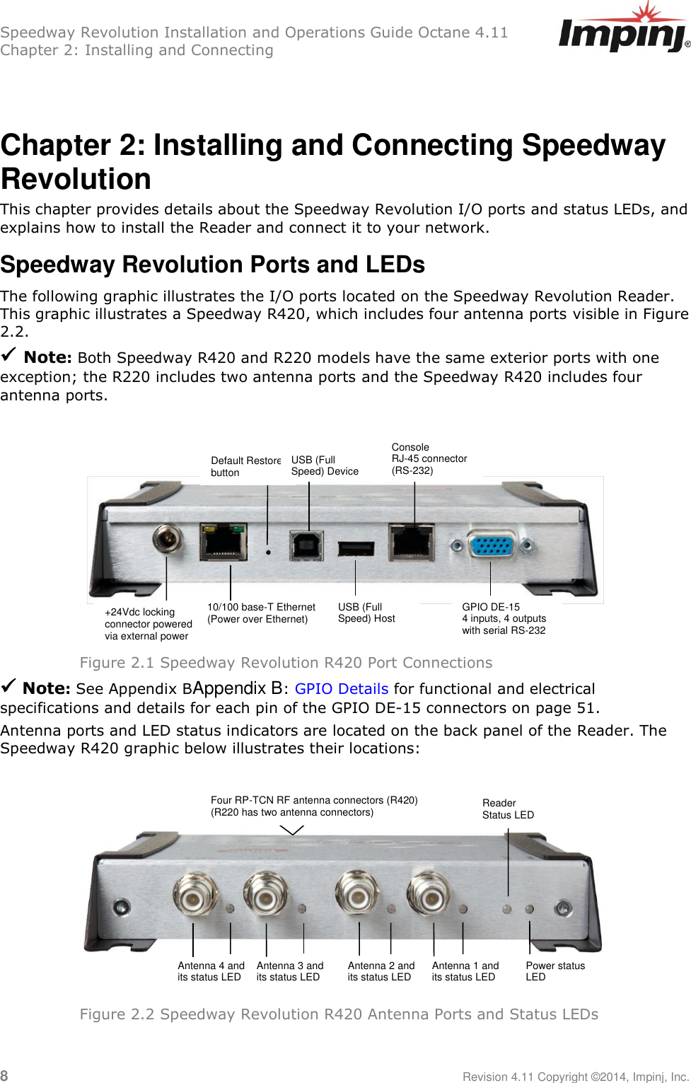 Speedway Revolution Installation and Operations Guide Octane 4.11 Chapter 2: Installing and Connecting  8     Revision 4.11 Copyright ©2014, Impinj, Inc.  Chapter 2: Installing and Connecting Speedway Revolution This chapter provides details about the Speedway Revolution I/O ports and status LEDs, and explains how to install the Reader and connect it to your network. Speedway Revolution Ports and LEDs The following graphic illustrates the I/O ports located on the Speedway Revolution Reader. This graphic illustrates a Speedway R420, which includes four antenna ports visible in Figure 2.2.  Note: Both Speedway R420 and R220 models have the same exterior ports with one exception; the R220 includes two antenna ports and the Speedway R420 includes four antenna ports.             Figure 2.1 Speedway Revolution R420 Port Connections  Note: See Appendix BAppendix B: GPIO Details for functional and electrical specifications and details for each pin of the GPIO DE-15 connectors on page 51. Antenna ports and LED status indicators are located on the back panel of the Reader. The Speedway R420 graphic below illustrates their locations:       Figure 2.2 Speedway Revolution R420 Antenna Ports and Status LEDs   Default Restore button USB (Full Speed) Device (for future use) Console RJ-45 connector  (RS-232) USB (Full Speed) Host (for future use) +24Vdc locking connector powered via external power 10/100 base-T Ethernet (Power over Ethernet) GPIO DE-15 4 inputs, 4 outputs with serial RS-232 Four RP-TCN RF antenna connectors (R420) (R220 has two antenna connectors) Reader Status LED Antenna 4 and its status LED Antenna 3 and its status LED Antenna 2 and its status LED Antenna 1 and its status LED Power status LED 