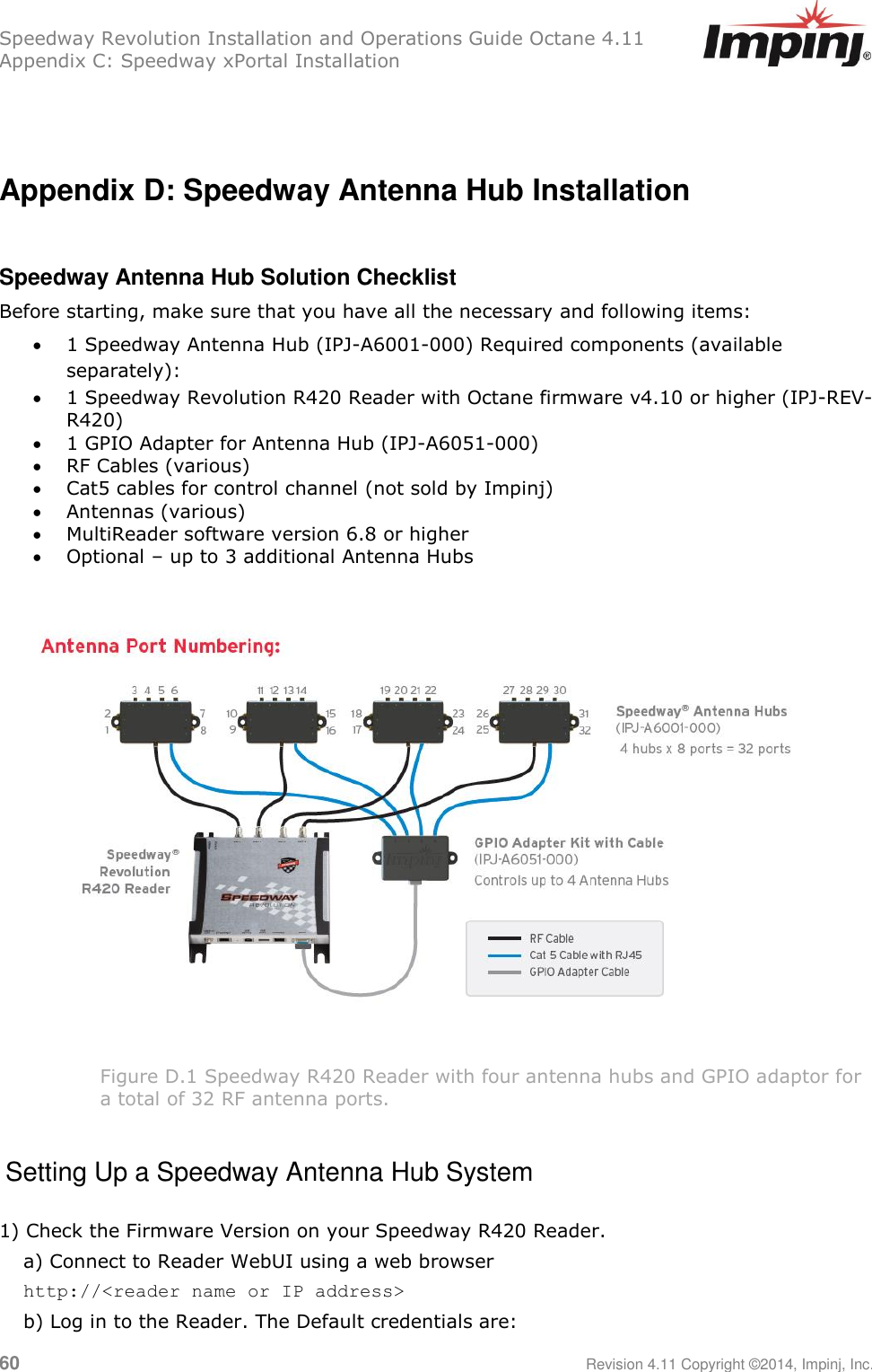 Speedway Revolution Installation and Operations Guide Octane 4.11 Appendix C: Speedway xPortal Installation 60     Revision 4.11 Copyright ©2014, Impinj, Inc.   Appendix D: Speedway Antenna Hub Installation  Speedway Antenna Hub Solution Checklist Before starting, make sure that you have all the necessary and following items:   1 Speedway Antenna Hub (IPJ-A6001-000) Required components (available separately):   1 Speedway Revolution R420 Reader with Octane firmware v4.10 or higher (IPJ-REV-R420)  1 GPIO Adapter for Antenna Hub (IPJ-A6051-000)  RF Cables (various)  Cat5 cables for control channel (not sold by Impinj)  Antennas (various)  MultiReader software version 6.8 or higher  Optional – up to 3 additional Antenna Hubs   Figure D.1 Speedway R420 Reader with four antenna hubs and GPIO adaptor for a total of 32 RF antenna ports.   Setting Up a Speedway Antenna Hub System  1) Check the Firmware Version on your Speedway R420 Reader. a) Connect to Reader WebUI using a web browser  http://&lt;reader name or IP address&gt; b) Log in to the Reader. The Default credentials are:  