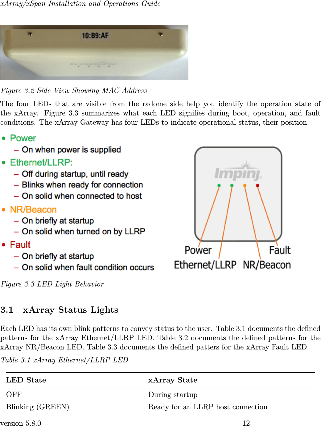 xArray/xSpan Installation and Operations GuideFigure 3.2 Side View Showing MAC AddressThe four LEDs that are visible from the radome side help you identify the operation state ofthe xArray. Figure 3.3 summarizes what each LED signies during boot, operation, and faultconditions. The xArray Gateway has four LEDs to indicate operational status, their position.Figure 3.3 LED Light Behavior3.1 xArray Status LightsEach LED has its own blink patterns to convey status to the user. Table 3.1 documents the denedpatterns for the xArray Ethernet/LLRP LED. Table 3.2 documents the dened patterns for thexArray NR/Beacon LED. Table 3.3 documents the dened patters for the xArray Fault LED.Table 3.1 xArray Ethernet/LLRP LEDLED State xArray StateOFF During startupBlinking (GREEN) Ready for an LLRP host connectionversion 5.8.0 12