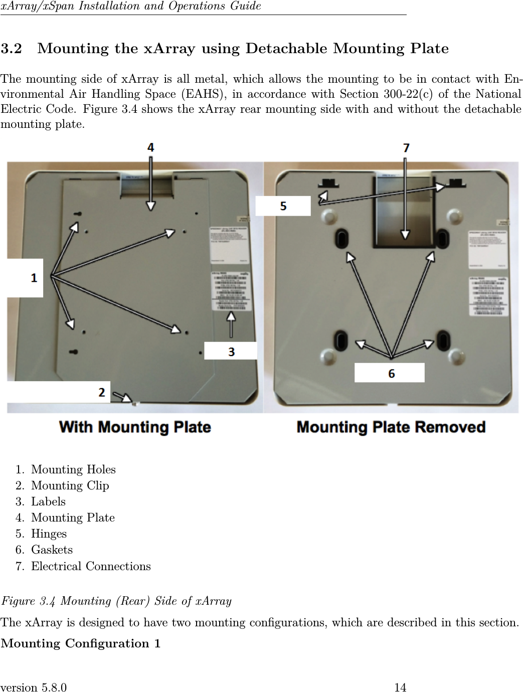 xArray/xSpan Installation and Operations Guide3.2 Mounting the xArray using Detachable Mounting PlateThe mounting side of xArray is all metal, which allows the mounting to be in contact with En-vironmental Air Handling Space (EAHS), in accordance with Section 300-22(c) of the NationalElectric Code. Figure 3.4 shows the xArray rear mounting side with and without the detachablemounting plate.1. Mounting Holes2. Mounting Clip3. Labels4. Mounting Plate5. Hinges6. Gaskets7. Electrical ConnectionsFigure 3.4 Mounting (Rear) Side of xArrayThe xArray is designed to have two mounting congurations, which are described in this section.Mounting Conguration 1version 5.8.0 14