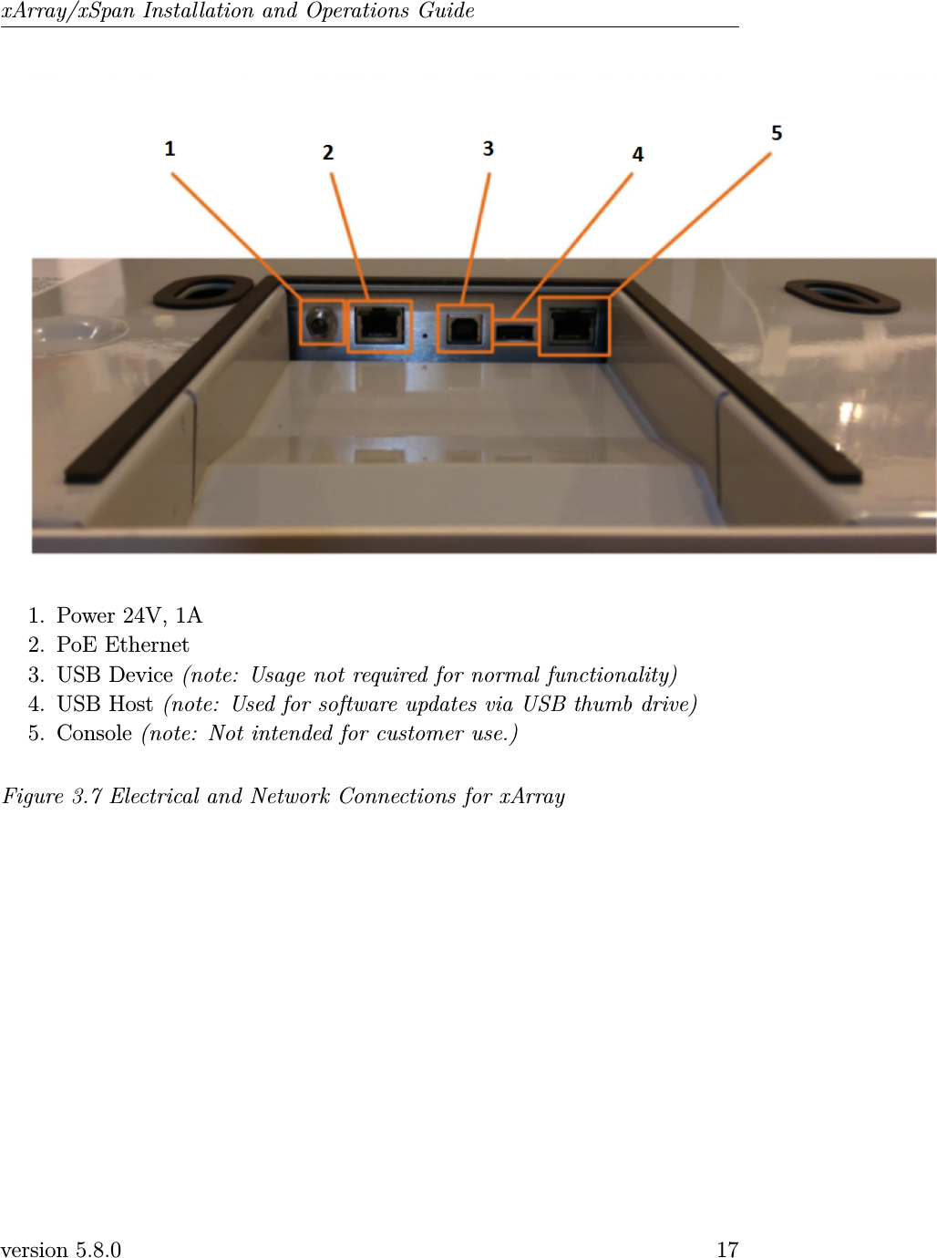 xArray/xSpan Installation and Operations Guide1. Power 24V, 1A2. PoE Ethernet3. USB Device (note: Usage not required for normal functionality)4. USB Host (note: Used for software updates via USB thumb drive)5. Console (note: Not intended for customer use.)Figure 3.7 Electrical and Network Connections for xArrayversion 5.8.0 17