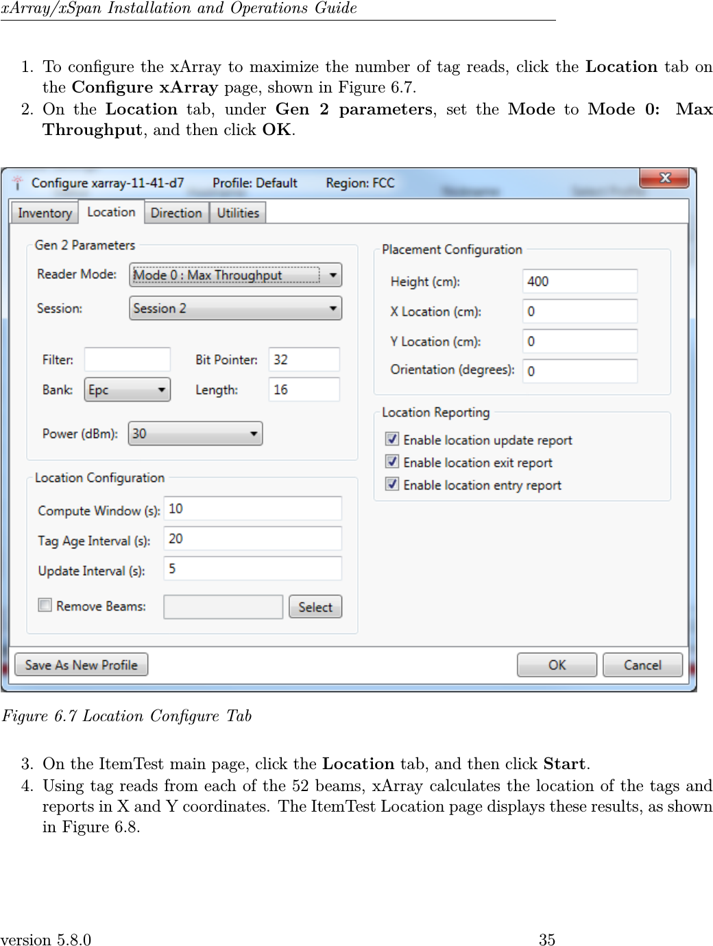 xArray/xSpan Installation and Operations Guide1. To congure the xArray to maximize the number of tag reads, click the Location tab onthe Congure xArray page, shown in Figure 6.7.2. On the Location tab, under Gen 2 parameters, set the Mode to Mode 0: MaxThroughput, and then click OK.Figure 6.7 Location Congure Tab3. On the ItemTest main page, click the Location tab, and then click Start.4. Using tag reads from each of the 52 beams, xArray calculates the location of the tags andreports in X and Y coordinates. The ItemTest Location page displays these results, as shownin Figure 6.8.version 5.8.0 35