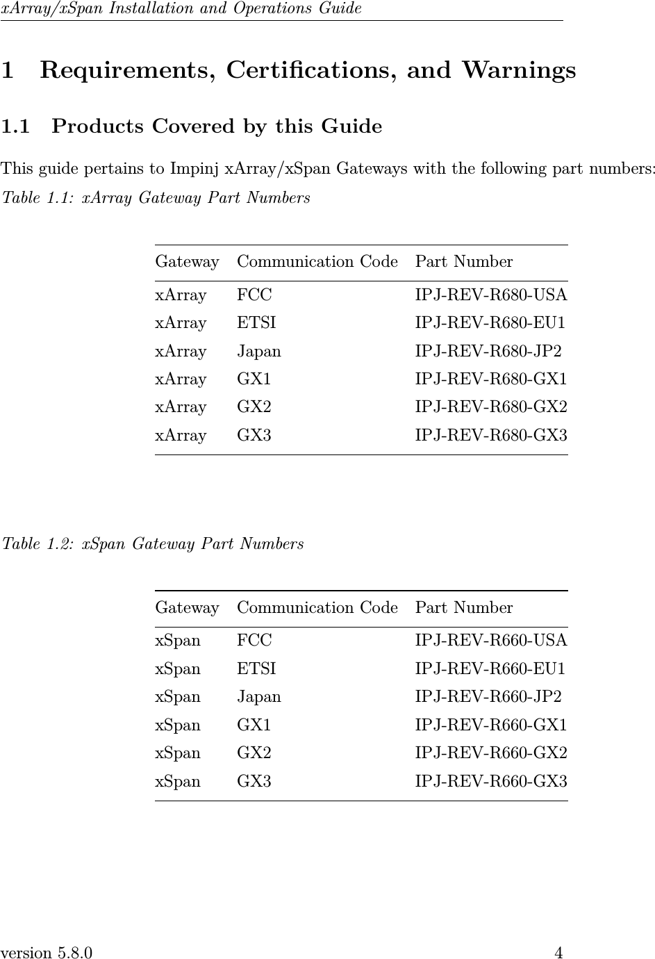 xArray/xSpan Installation and Operations Guide1 Requirements, Certications, and Warnings1.1 Products Covered by this GuideThis guide pertains to Impinj xArray/xSpan Gateways with the following part numbers:Table 1.1: xArray Gateway Part NumbersGateway Communication Code Part NumberxArray FCC IPJ-REV-R680-USAxArray ETSI IPJ-REV-R680-EU1xArray Japan IPJ-REV-R680-JP2xArray GX1 IPJ-REV-R680-GX1xArray GX2 IPJ-REV-R680-GX2xArray GX3 IPJ-REV-R680-GX3Table 1.2: xSpan Gateway Part NumbersGateway Communication Code Part NumberxSpan FCC IPJ-REV-R660-USAxSpan ETSI IPJ-REV-R660-EU1xSpan Japan IPJ-REV-R660-JP2xSpan GX1 IPJ-REV-R660-GX1xSpan GX2 IPJ-REV-R660-GX2xSpan GX3 IPJ-REV-R660-GX3version 5.8.0 4