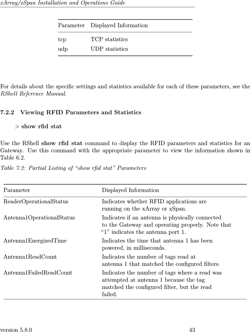 xArray/xSpan Installation and Operations GuideParameter Displayed Informationtcp TCP statisticsudp UDP statisticsFor details about the specic settings and statistics available for each of these parameters, see theRShell Reference Manual.7.2.2 Viewing RFID Parameters and Statistics&gt;show rd statUse the RShell show rd stat command to display the RFID parameters and statistics for anGateway. Use this command with the appropriate parameter to view the information shown inTable 6.2.Table 7.2: Partial Listing of “show rd stat” ParametersParameter Displayed InformationReaderOperationalStatus Indicates whether RFID applications arerunning on the xArray or xSpan.Antenna1OperationalStatus Indicates if an antenna is physically connectedto the Gateway and operating properly. Note that“1” indicates the antenna port 1.Antenna1EnergizedTime Indicates the time that antenna 1 has beenpowered, in milliseconds.Antenna1ReadCount Indicates the number of tags read atantenna 1 that matched the congured lters.Antenna1FailedReadCount Indicates the number of tags where a read wasattempted at antenna 1 because the tagmatched the congured lter, but the readfailed.version 5.8.0 43