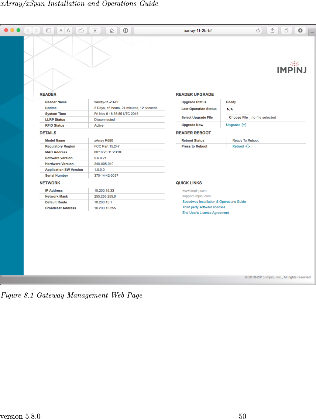 xArray/xSpan Installation and Operations GuideFigure 8.1 Gateway Management Web Pageversion 5.8.0 50