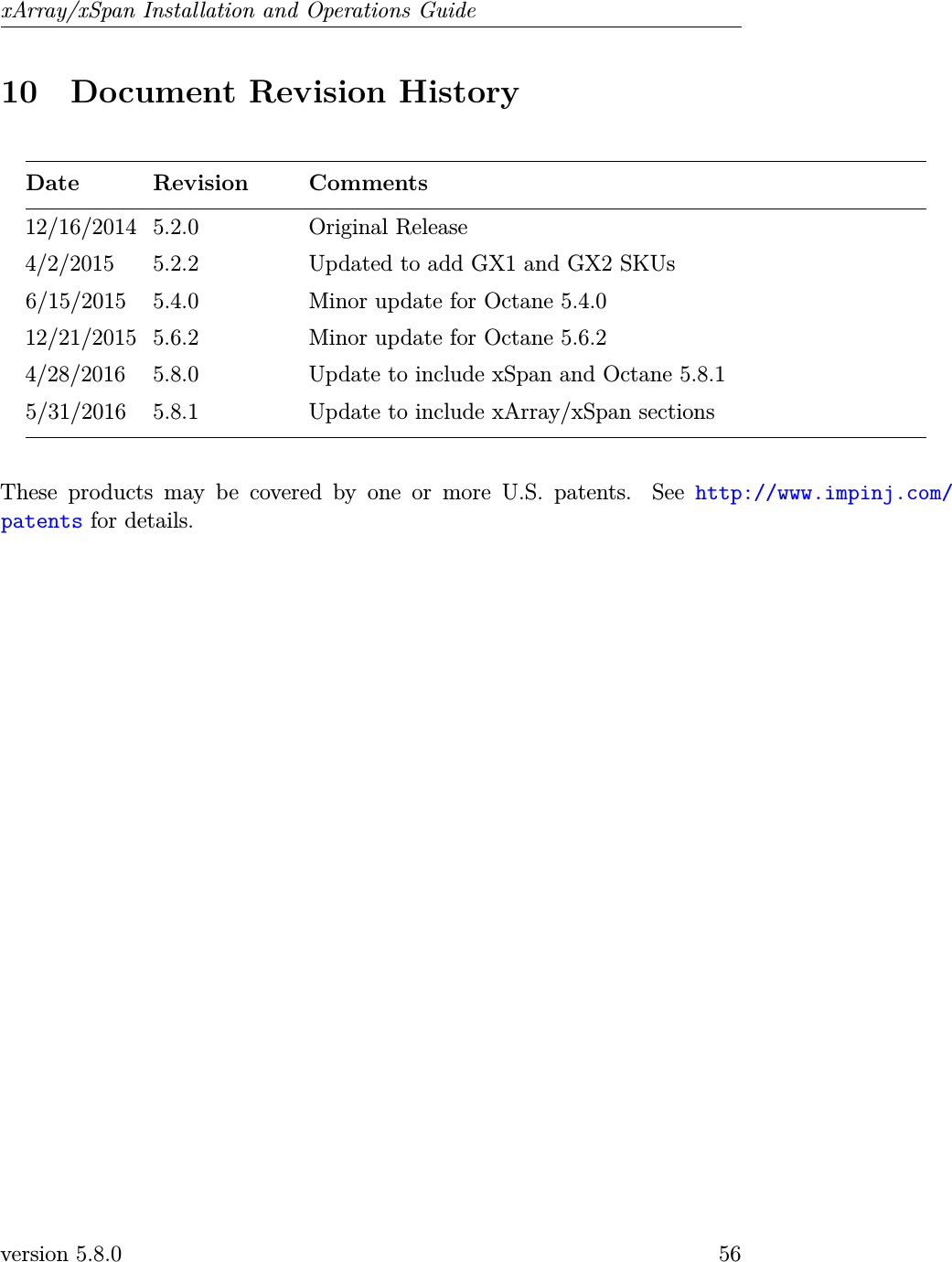 xArray/xSpan Installation and Operations Guide10 Document Revision HistoryDate Revision Comments12/16/2014 5.2.0 Original Release4/2/2015 5.2.2 Updated to add GX1 and GX2 SKUs6/15/2015 5.4.0 Minor update for Octane 5.4.012/21/2015 5.6.2 Minor update for Octane 5.6.24/28/2016 5.8.0 Update to include xSpan and Octane 5.8.15/31/2016 5.8.1 Update to include xArray/xSpan sectionsThese products may be covered by one or more U.S. patents. See http://www.impinj.com/patents for details.version 5.8.0 56