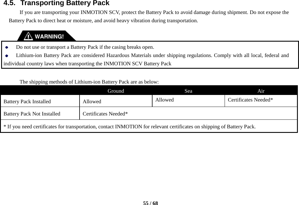    55 / 68  4.5. Transporting Battery Pack If you are transporting your INMOTION SCV, protect the Battery Pack to avoid damage during shipment. Do not expose the Battery Pack to direct heat or moisture, and avoid heavy vibration during transportation.    Do not use or transport a Battery Pack if the casing breaks open.  Lithium-ion Battery Pack are considered Hazardous Materials under shipping regulations. Comply with all local, federal and individual country laws when transporting the INMOTION SCV Battery Pack  The shipping methods of Lithium-ion Battery Pack are as below:  Ground Sea Air Battery Pack Installed   Allowed Allowed Certificates Needed* Battery Pack Not Installed Certificates Needed* * If you need certificates for transportation, contact INMOTION for relevant certificates on shipping of Battery Pack.       