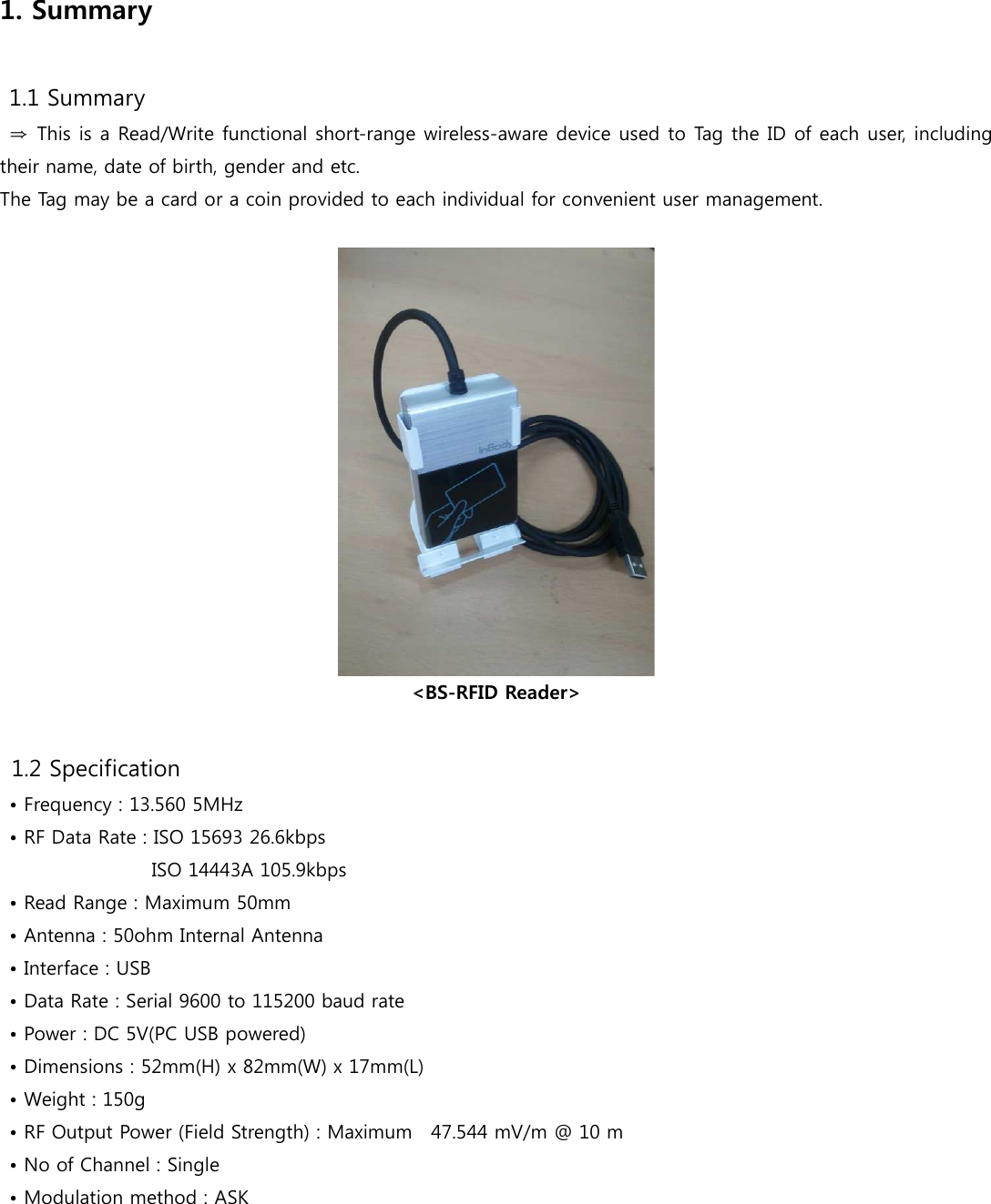 Page 2 of InBody BS-RFIDREADER Low Power Communication Device User Manual  RFID Reader                  120330 REV2 