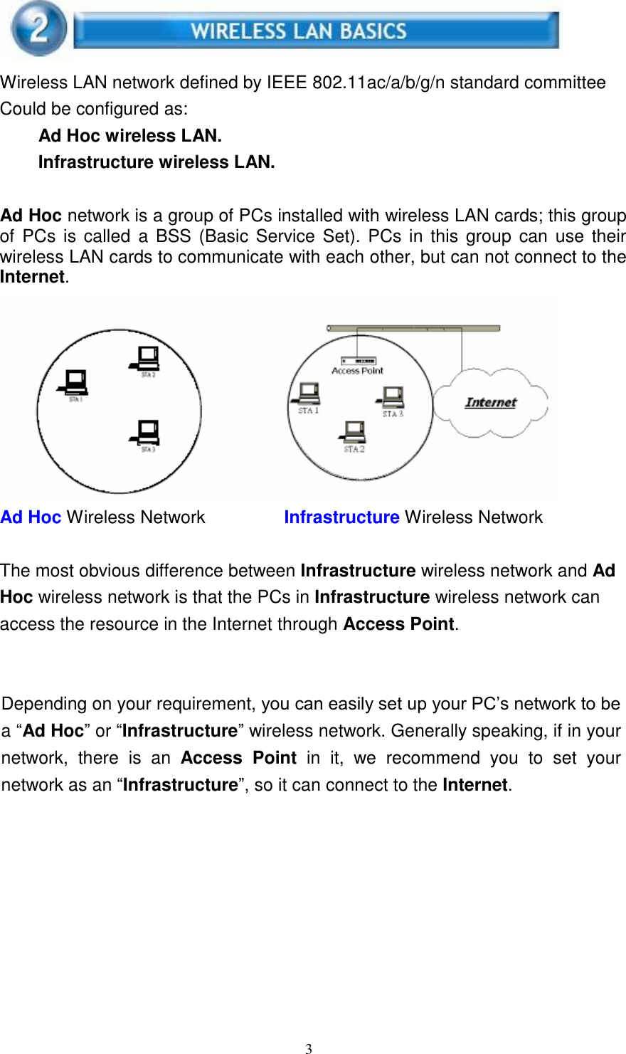 3       Wireless LAN network defined by IEEE 802.11ac/a/b/g/n standard committee Could be configured as: Ad Hoc wireless LAN. Infrastructure wireless LAN.   Ad Hoc network is a group of PCs installed with wireless LAN cards; this group of  PCs is  called  a BSS (Basic  Service Set). PCs  in this group  can  use their wireless LAN cards to communicate with each other, but can not connect to the Internet.  Ad Hoc Wireless Network  Infrastructure Wireless Network   The most obvious difference between Infrastructure wireless network and Ad Hoc wireless network is that the PCs in Infrastructure wireless network can access the resource in the Internet through Access Point.     Depending on your requirement, you can easily set up your PC’s network to be a “Ad Hoc” or “Infrastructure” wireless network. Generally speaking, if in your network,  there  is an Access  Point  in  it,  we  recommend  you  to  set  your network as an “Infrastructure”, so it can connect to the Internet. 