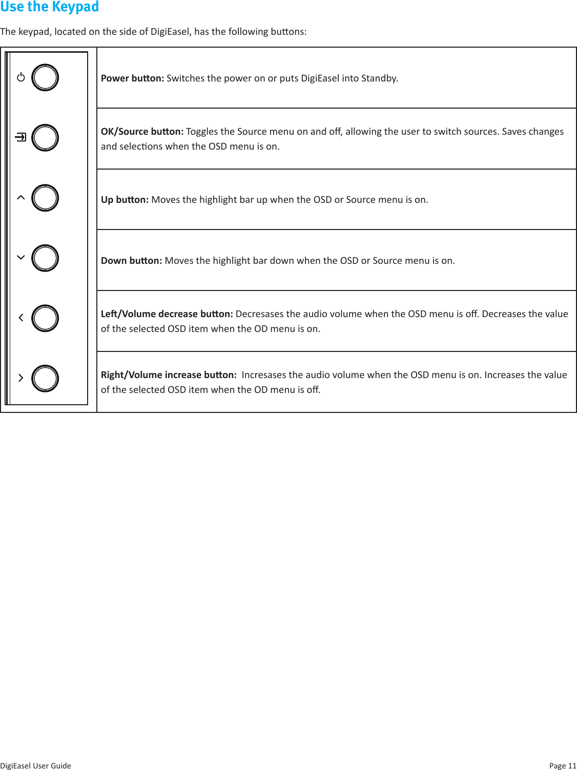 Page 11DigiEasel User GuideUse the KeypadThe keypad, located on the side of DigiEasel, has the following buons:Power buon: Switches the power on or puts DigiEasel into Standby. OK/Source buon: Toggles the Source menu on and o, allowing the user to switch sources. Saves changes and selecons when the OSD menu is on.Up buon: Moves the highlight bar up when the OSD or Source menu is on.Down buon: Moves the highlight bar down when the OSD or Source menu is on.Le/Volume decrease buon: Decresases the audio volume when the OSD menu is o. Decreases the value of the selected OSD item when the OD menu is on.Right/Volume increase buon:  Incresases the audio volume when the OSD menu is on. Increases the value of the selected OSD item when the OD menu is o.