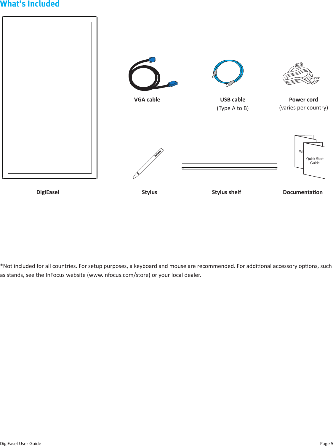 What’s IncludedWarrantyQuick StartGuideVGA cable  USB cable (Type A to B)Stylus shelf DocumentaonStylusDigiEaselPower cord(varies per country)Page 5DigiEasel User Guide  *Not included for all countries. For setup purposes, a keyboard and mouse are recommended. For addional accessory opons, such as stands, see the InFocus website (www.infocus.com/store) or your local dealer. 