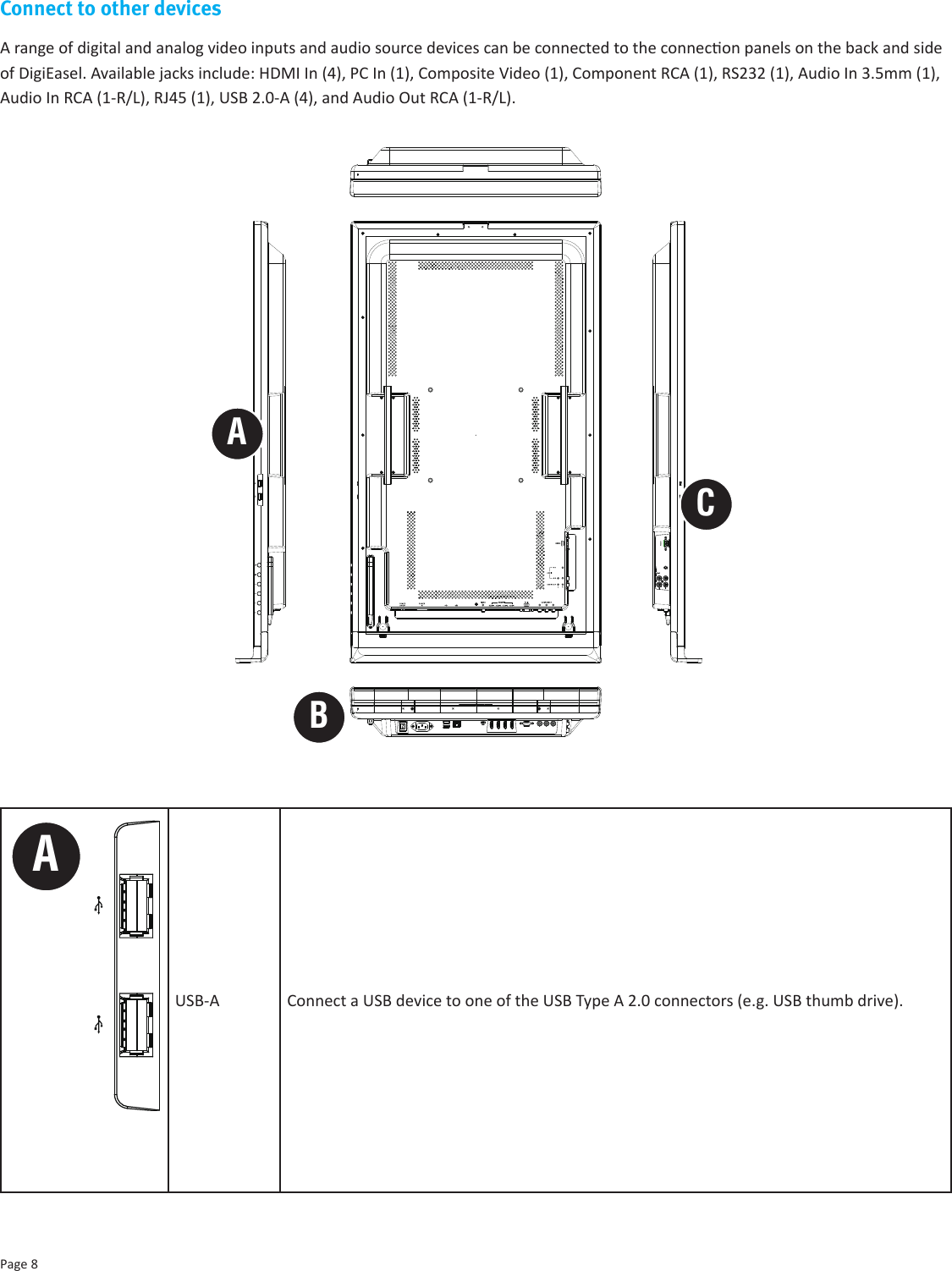 Page 8Connect to other devicesA range of digital and analog video inputs and audio source devices can be connected to the connecon panels on the back and side of DigiEasel. Available jacks include: HDMI In (4), PC In (1), Composite Video (1), Component RCA (1), RS232 (1), Audio In 3.5mm (1), Audio In RCA (1-R/L), RJ45 (1), USB 2.0-A (4), and Audio Out RCA (1-R/L). ABCAUSB-A Connect a USB device to one of the USB Type A 2.0 connectors (e.g. USB thumb drive). 