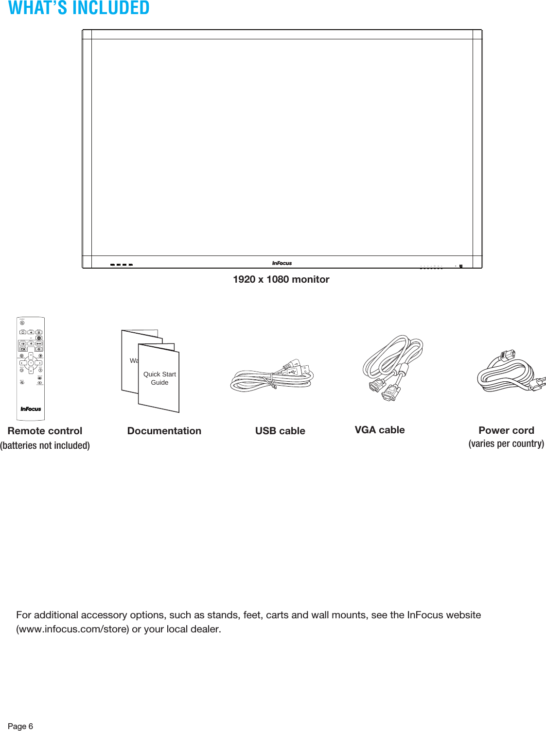 Page 6WHAT’S INCLUDEDWarrantyQuick StartGuideHOMEINFORESIZESWAPVOL UPVOL DOWNBACKMUTECONTRASTBRIGHTNESSON/OFFINPUT MENUPIPINPUTAUDIOPOSITIONOKPOWERiUSB cableRemote control (batteries not included)Documentation1920 x 1080 monitorPower cord(varies per country)For additional accessory options, such as stands, feet, carts and wall mounts, see the InFocus website  (www.infocus.com/store) or your local dealer.VGA cable