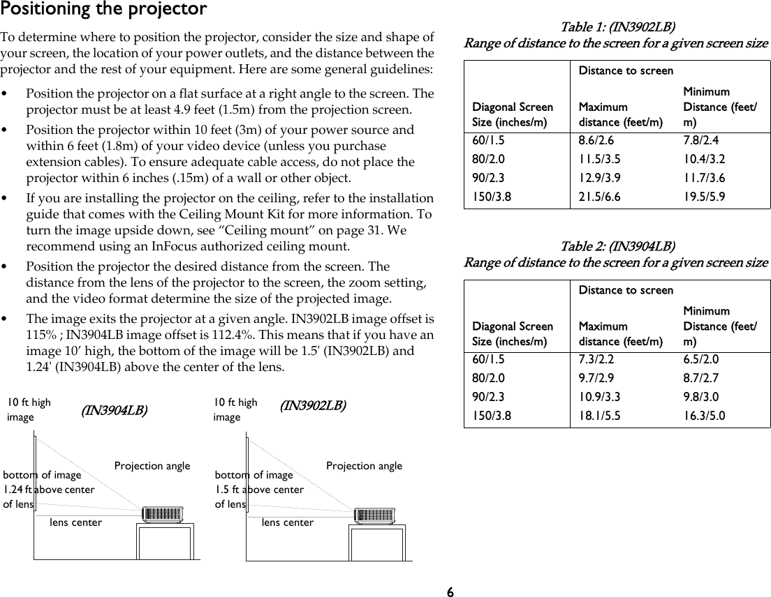 6Positioning the projectorTo determine where to position the projector, consider the size and shape of your screen, the location of your power outlets, and the distance between the projector and the rest of your equipment. Here are some general guidelines:• Position the projector on a flat surface at a right angle to the screen. The projector must be at least 4.9 feet (1.5m) from the projection screen.• Position the projector within 10 feet (3m) of your power source and within 6 feet (1.8m) of your video device (unless you purchase extension cables). To ensure adequate cable access, do not place the projector within 6 inches (.15m) of a wall or other object.• If you are installing the projector on the ceiling, refer to the installation guide that comes with the Ceiling Mount Kit for more information. To turn the image upside down, see “Ceiling mount” on page 31. We recommend using an InFocus authorized ceiling mount.• Position the projector the desired distance from the screen. The distance from the lens of the projector to the screen, the zoom setting, and the video format determine the size of the projected image.• The image exits the projector at a given angle. IN3902LB image offset is 115% ; IN3904LB image offset is 112.4%. This means that if you have an image 10’ high, the bottom of the image will be 1.5&apos; (IN3902LB) and 1.24&apos; (IN3904LB) above the center of the lens.(IN3902LB)(IN3904LB)10 ft high image10 ft high imagebottom of image 1.24 ft above center of lensProjection anglelens centerbottom of image 1.5 ft above center of lensProjection anglelens centerTable 1: (IN3902LB)Range of distance to the screen for a given screen size Diagonal Screen Size (inches/m) Distance to screenMaximum distance (feet/m)Minimum Distance (feet/m)60/1.5 8.6/2.6 7.8/2.480/2.0 11.5/3.5 10.4/3.290/2.3 12.9/3.9 11.7/3.6150/3.8 21.5/6.6 19.5/5.9Table 2: (IN3904LB)Range of distance to the screen for a given screen size Diagonal Screen Size (inches/m) Distance to screenMaximum distance (feet/m)Minimum Distance (feet/m)60/1.5 7.3/2.2 6.5/2.080/2.0 9.7/2.9 8.7/2.790/2.3 10.9/3.3 9.8/3.0150/3.8 18.1/5.5 16.3/5.0