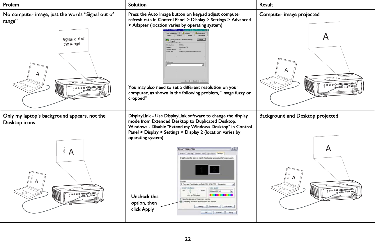 22Prolem Solution ResultNo computer image, just the words “Signal out of range” Press the Auto Image button on keypad adjust computer refresh rate in Control Panel &gt; Display &gt; Settings &gt; Advanced &gt; Adapter (location varies by operating system)You may also need to set a different resolution on your computer, as shown in the following problem, “image fuzzy or cropped”Computer image projectedOnly my laptop’s background appears, not the Desktop iconsDisplayLink - Use DisplayLink software to change the display mode from Extended Desktop to Duplicated Desktop.Windows - Disable &quot;Extend my Windows Desktop&quot; in Control Panel &gt; Display &gt; Settings &gt; Display 2 (location varies by operating system) Background and Desktop projectedSignal out of the rangeAAAAA Uncheck this option, then click ApplyAA