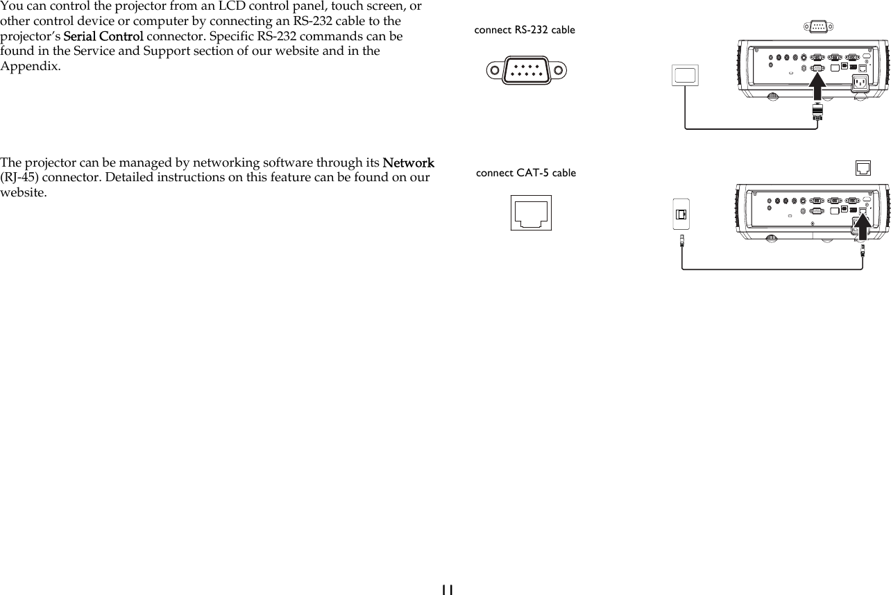 11You can control the projector from an LCD control panel, touch screen, or other control device or computer by connecting an RS-232 cable to the projector’s Serial Control connector. Specific RS-232 commands can be found in the Service and Support section of our website and in the Appendix.The projector can be managed by networking software through its Network(RJ-45) connector. Detailed instructions on this feature can be found on our website.connect RS-232 cableconnect CAT-5 cable