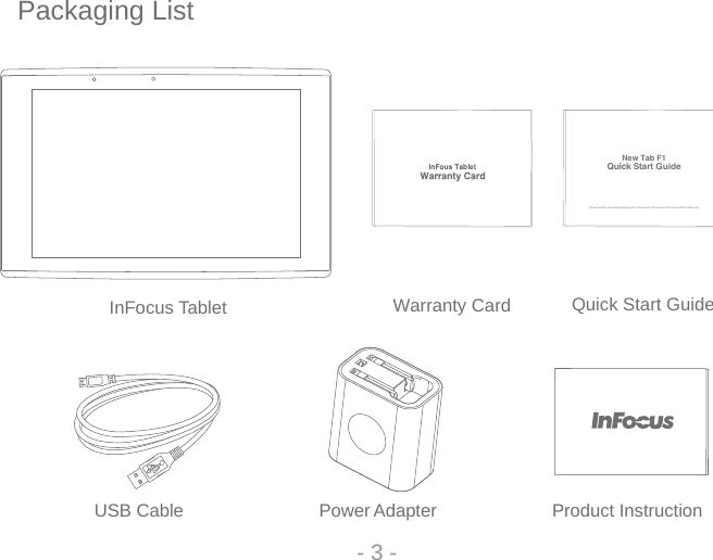 - 3 -Packaging ListInFocus Tablet       USB Cable                           Power Adapter                       Product Instruction  Quick Start GuideWarranty Cards  cPlea eQuick Start GuideNew Tab F1arefully read Safety Warning and Precautions of the product instructions before initial using.